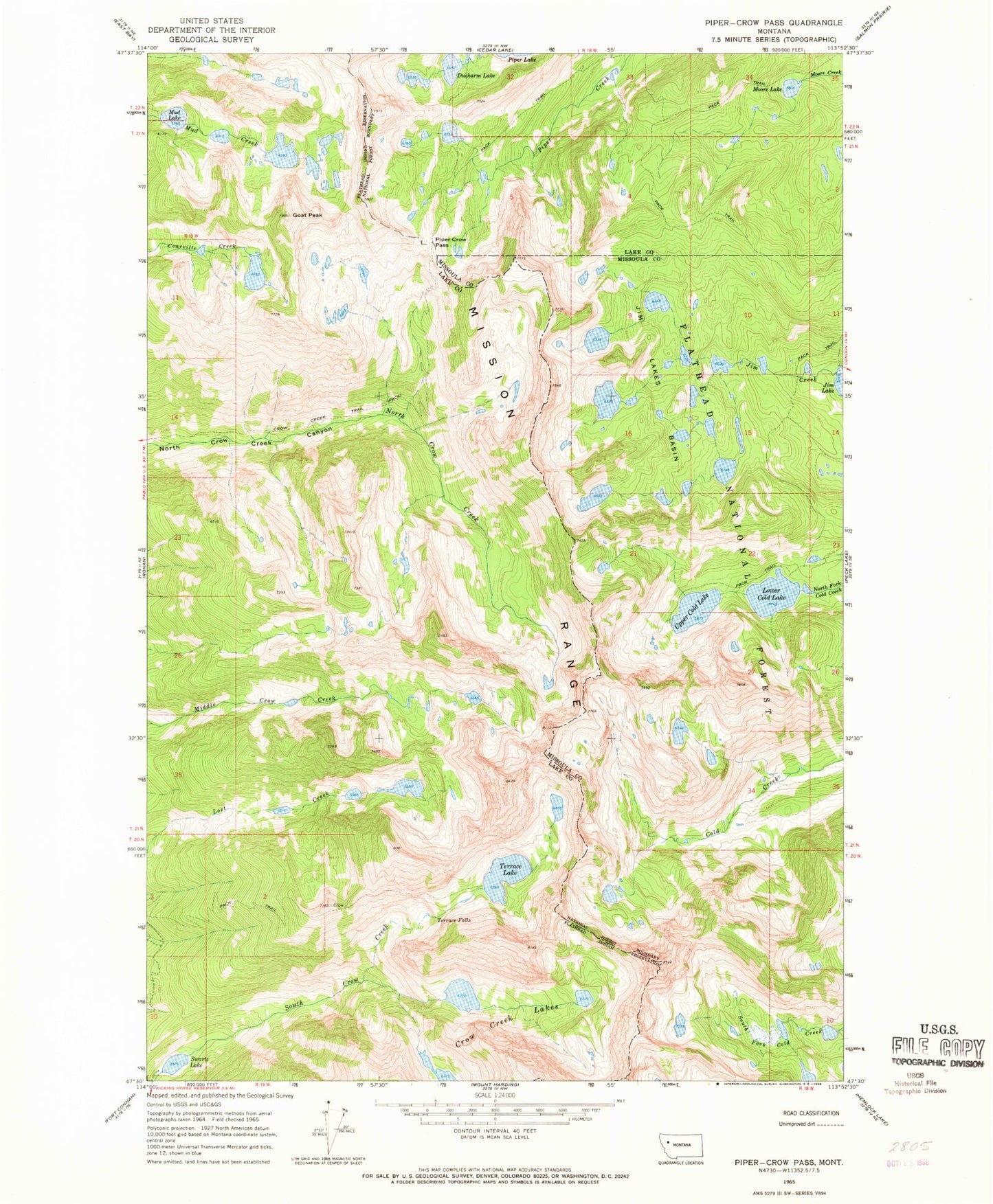 Classic USGS Piper-Crow Pass Montana 7.5'x7.5' Topo Map Image