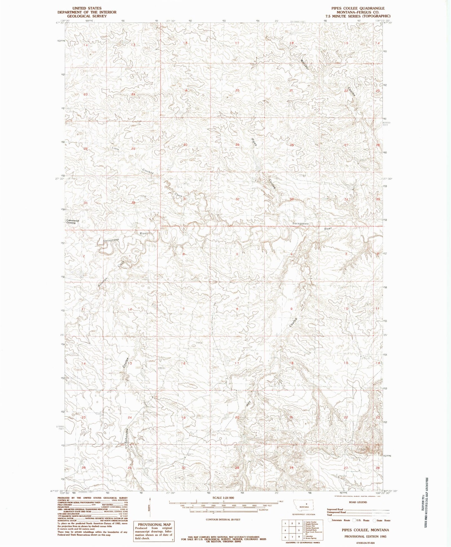 Classic USGS Pipes Coulee Montana 7.5'x7.5' Topo Map Image