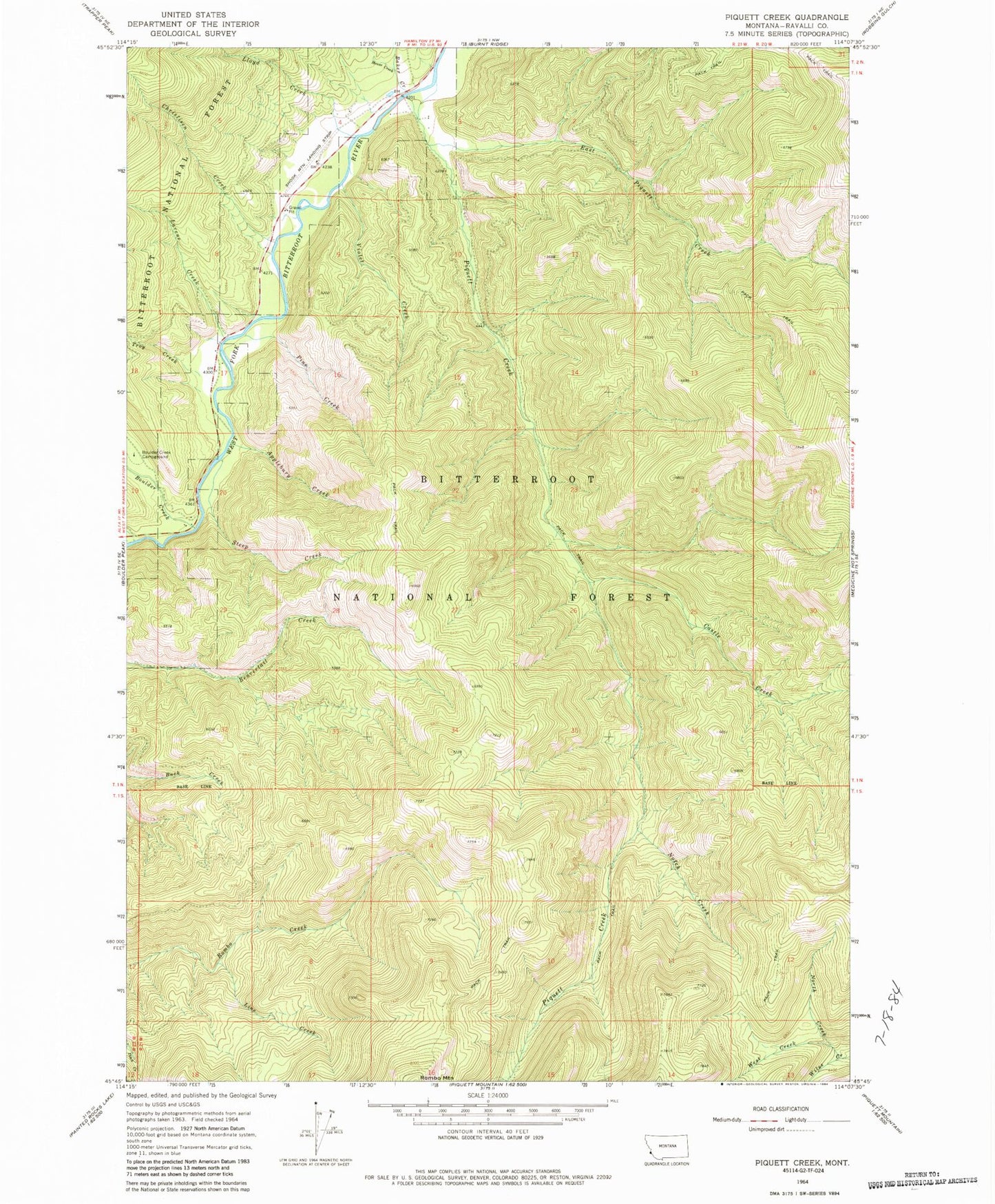 Classic USGS Piquett Creek Montana 7.5'x7.5' Topo Map Image
