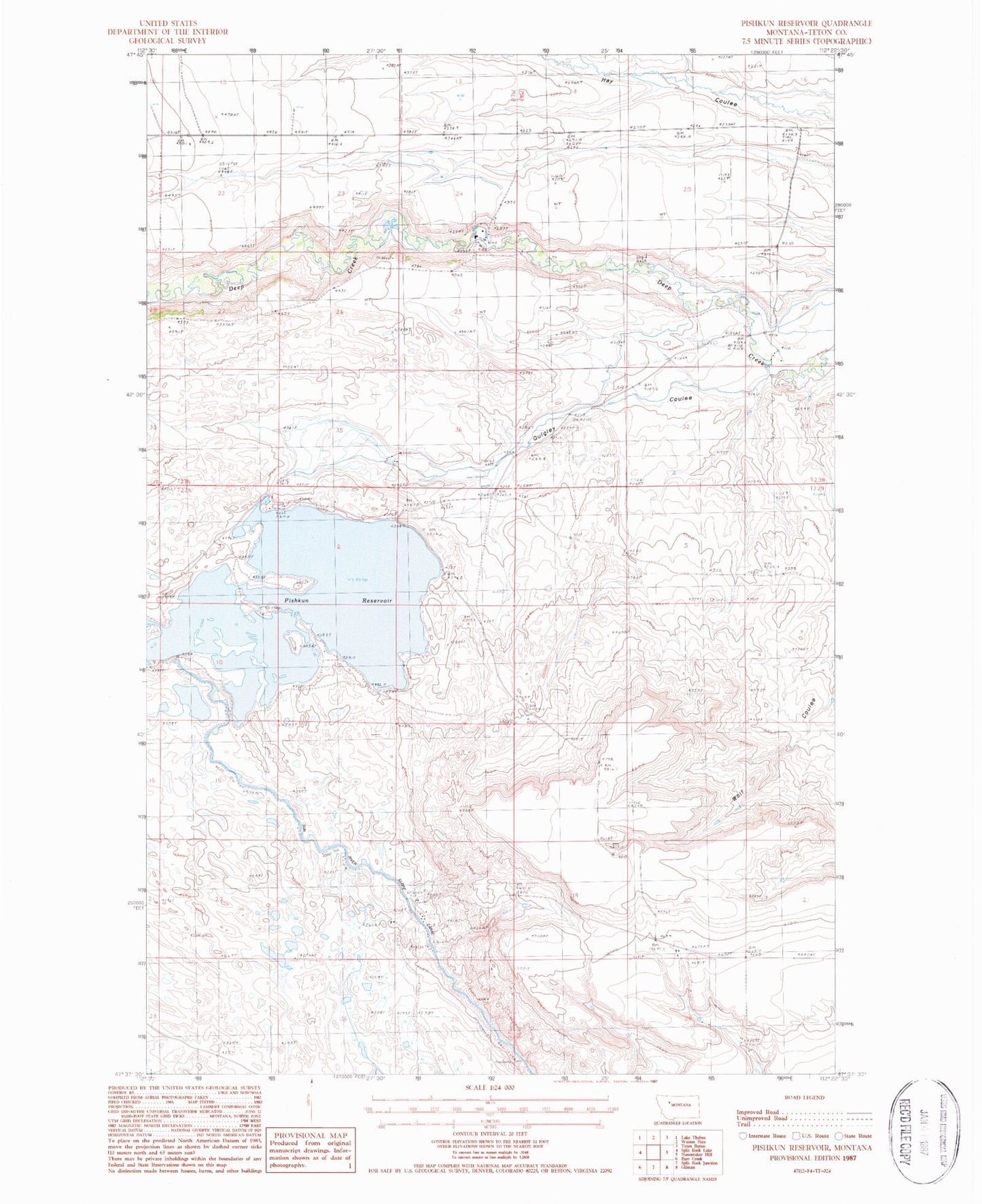 Classic USGS Pishkun Reservoir Montana 7.5'x7.5' Topo Map Image