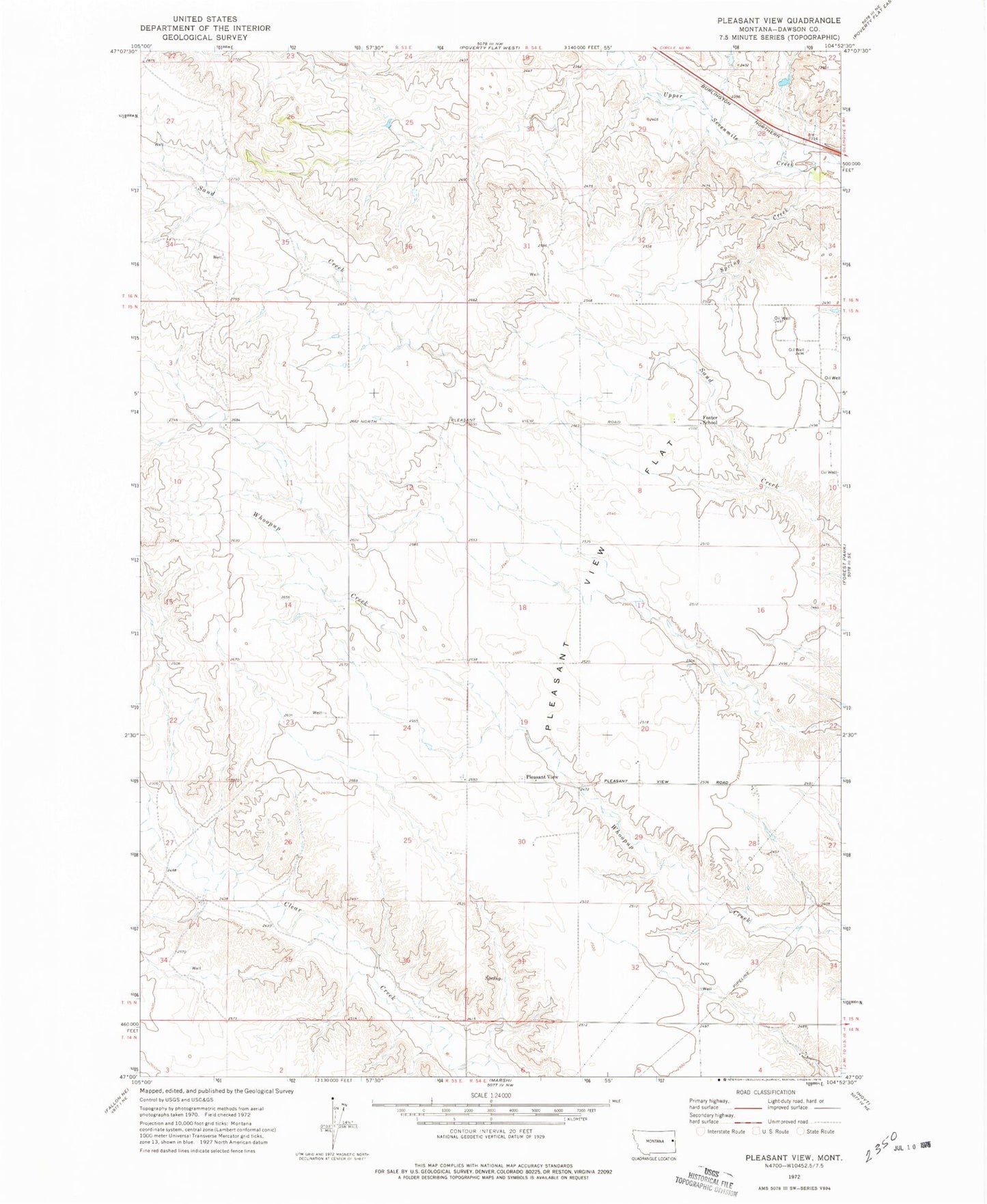 Classic USGS Pleasant View Montana 7.5'x7.5' Topo Map Image