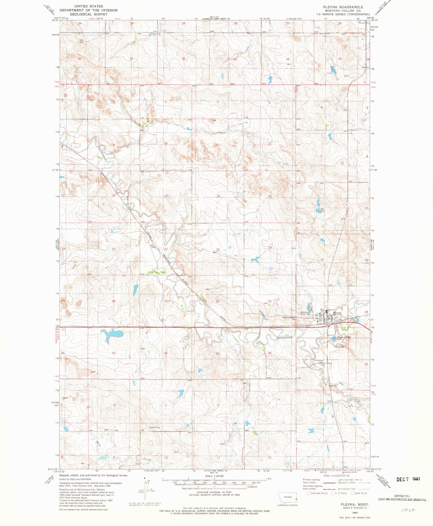Classic USGS Plevna Montana 7.5'x7.5' Topo Map Image