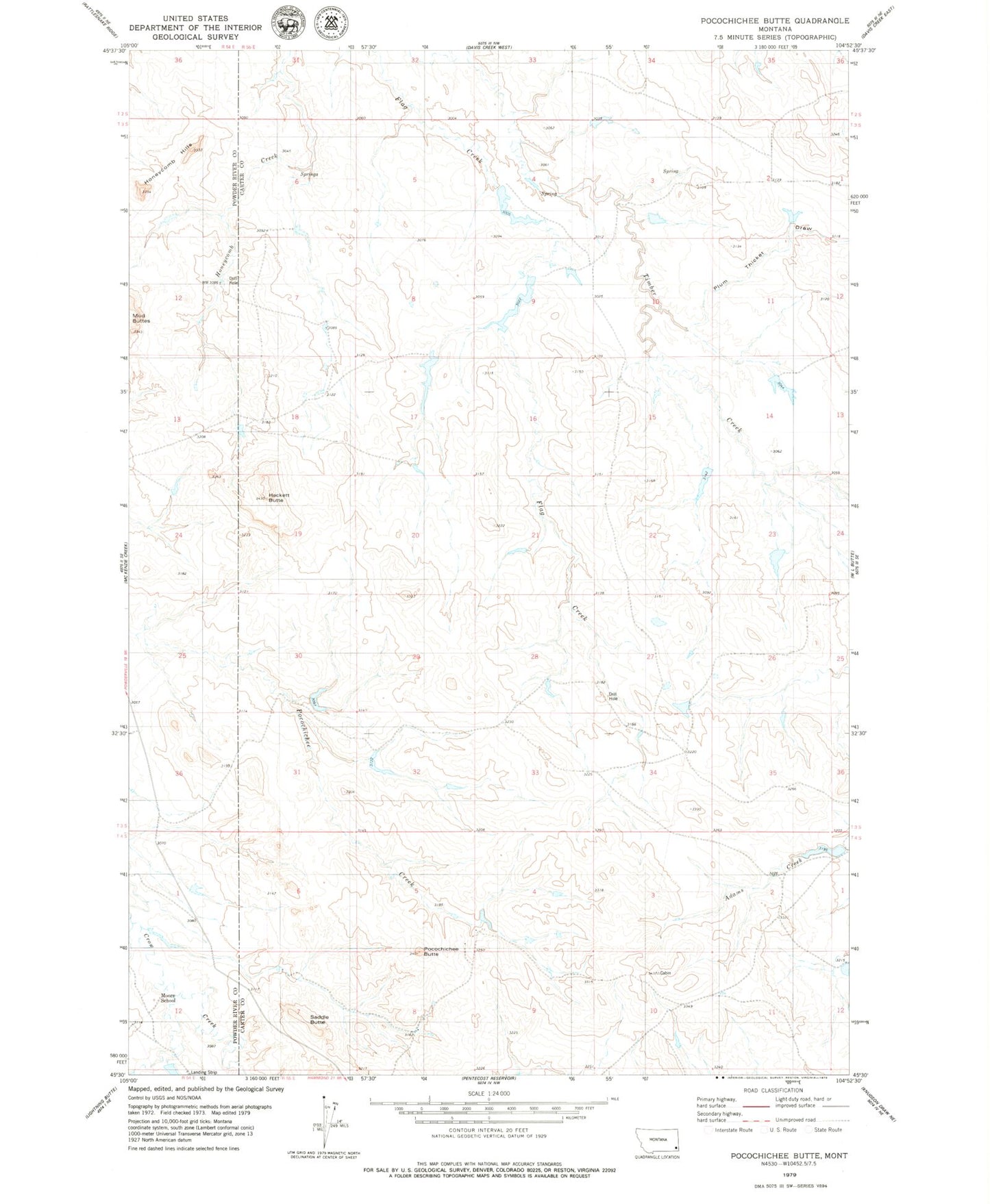 Classic USGS Pocochichee Butte Montana 7.5'x7.5' Topo Map Image