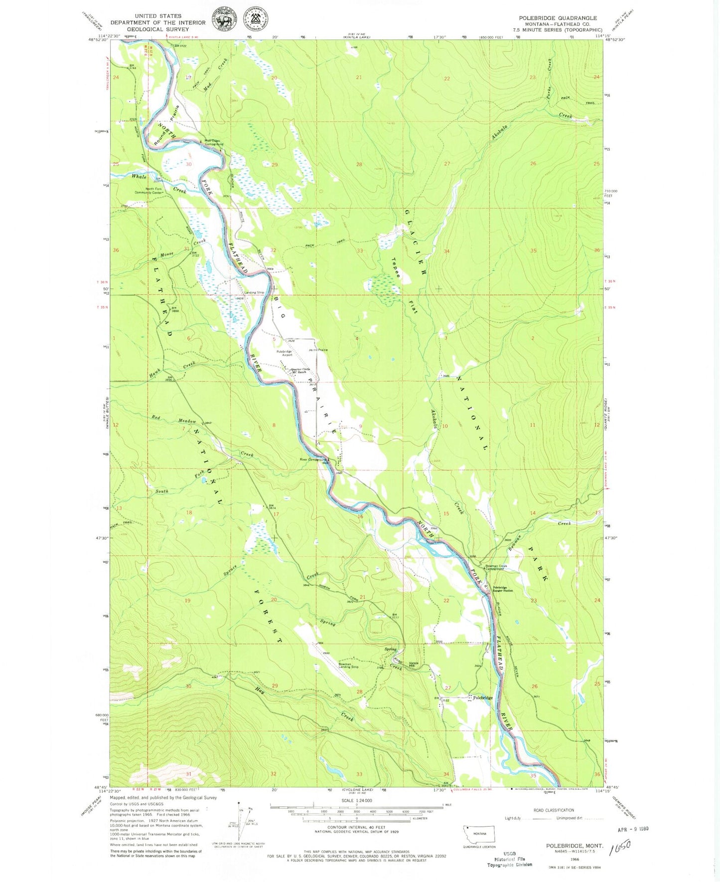 Classic USGS Polebridge Montana 7.5'x7.5' Topo Map Image