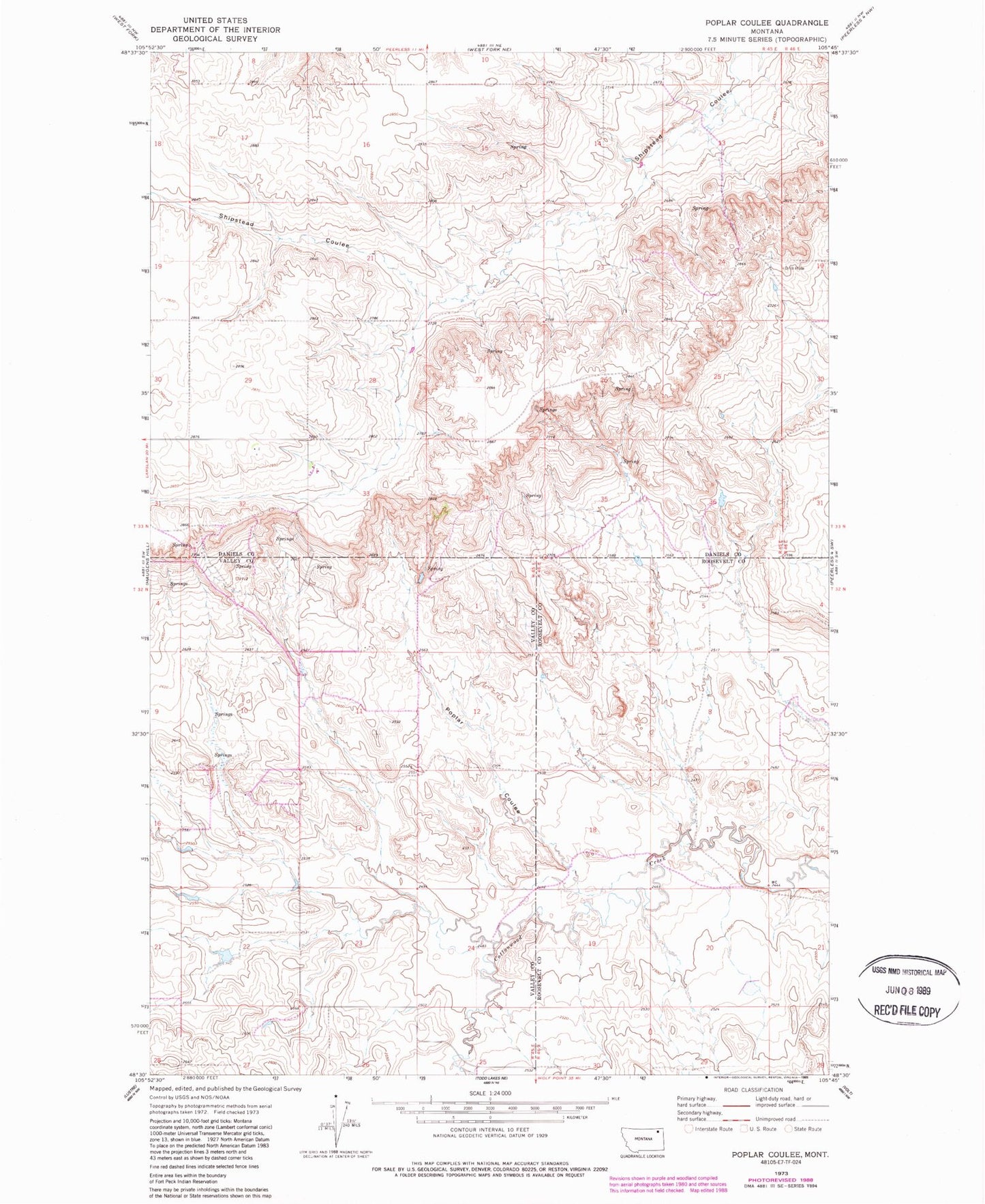 Classic USGS Poplar Coulee Montana 7.5'x7.5' Topo Map Image