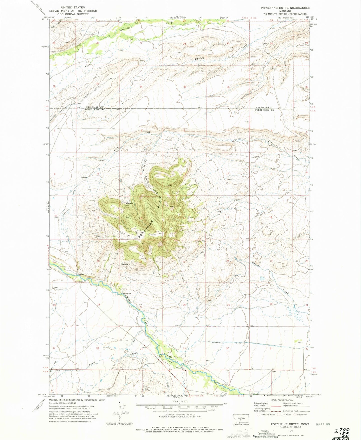 Classic USGS Porcupine Butte Montana 7.5'x7.5' Topo Map Image