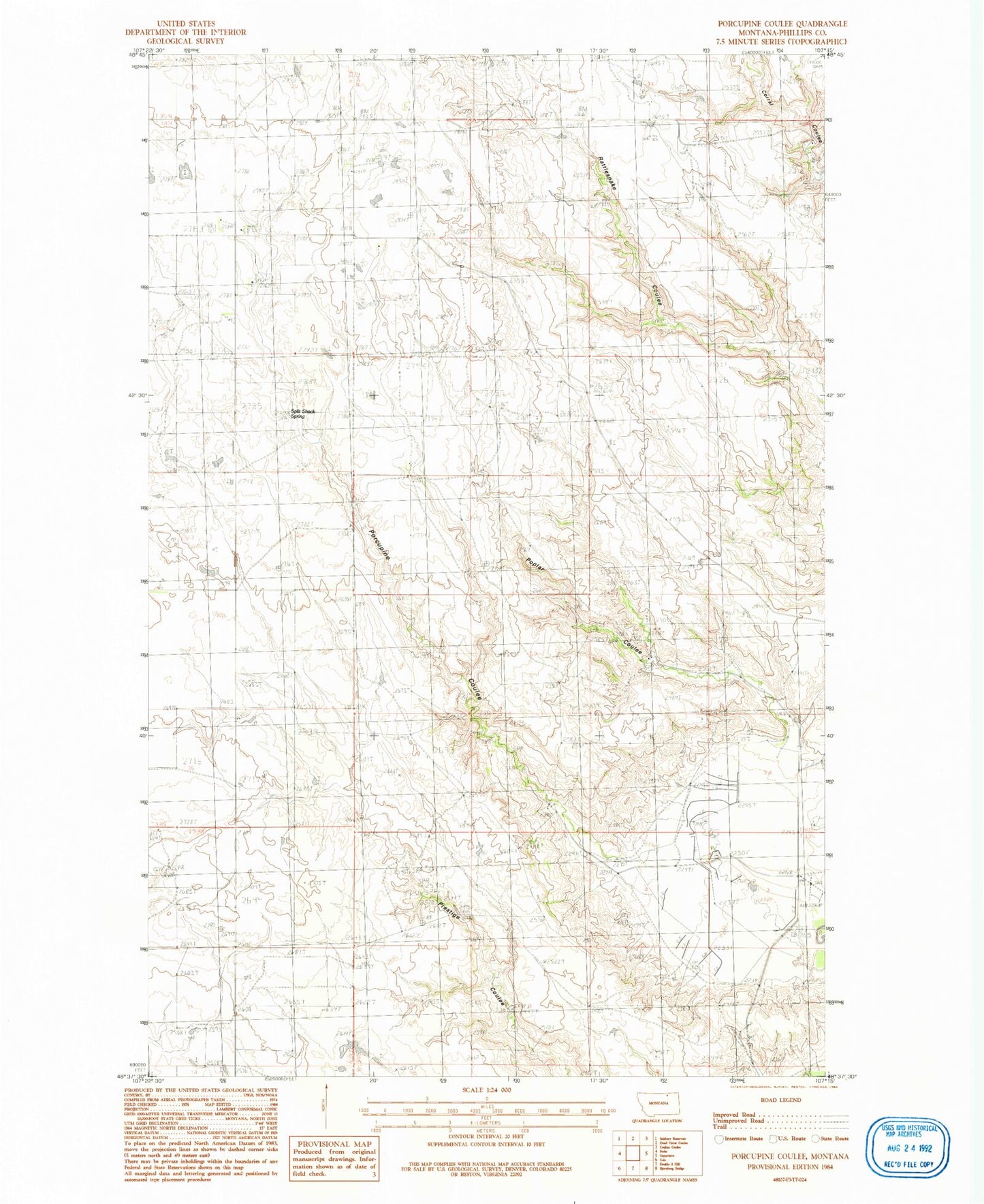 Classic USGS Porcupine Coulee Montana 7.5'x7.5' Topo Map Image