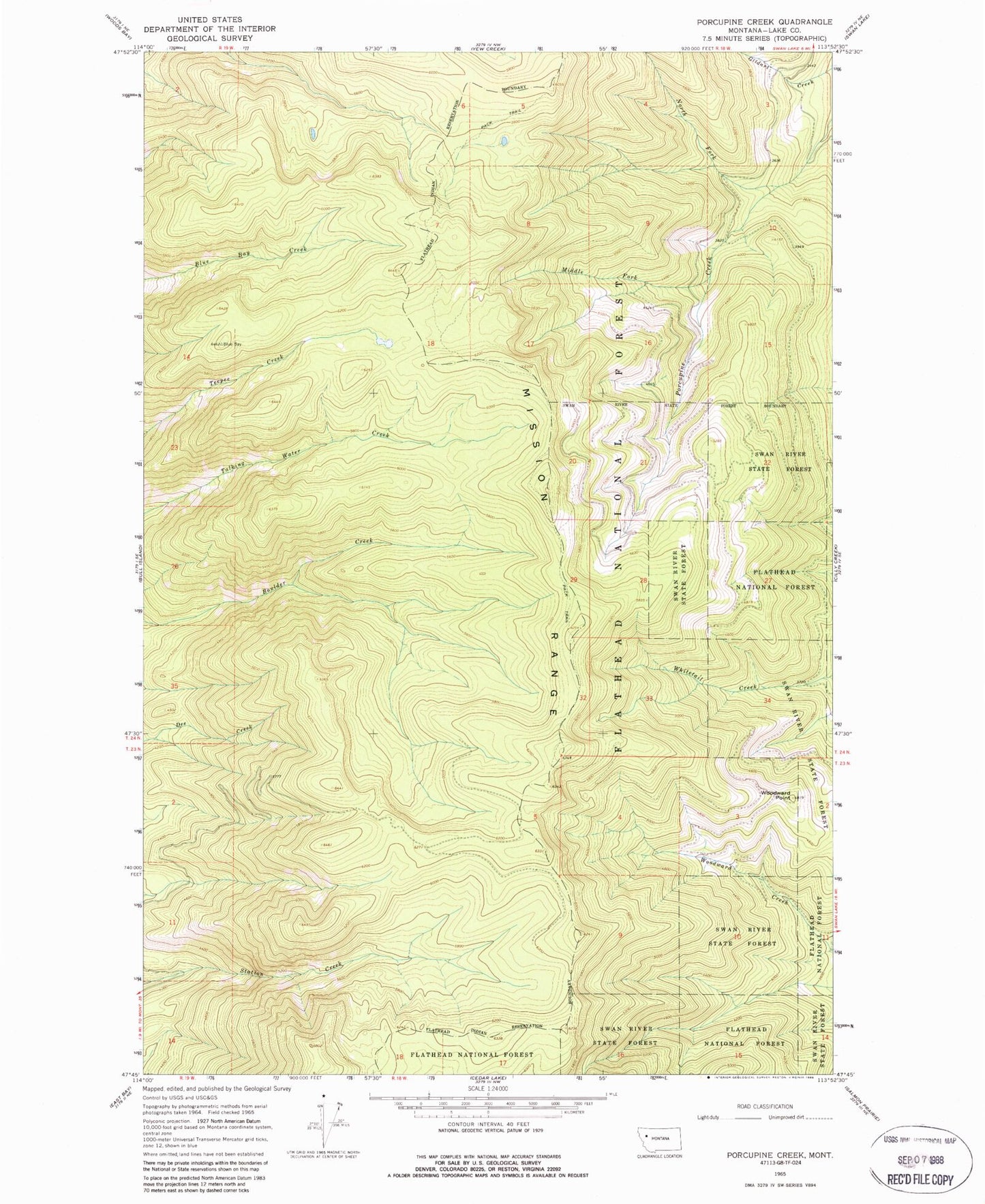 Classic USGS Porcupine Creek Montana 7.5'x7.5' Topo Map Image