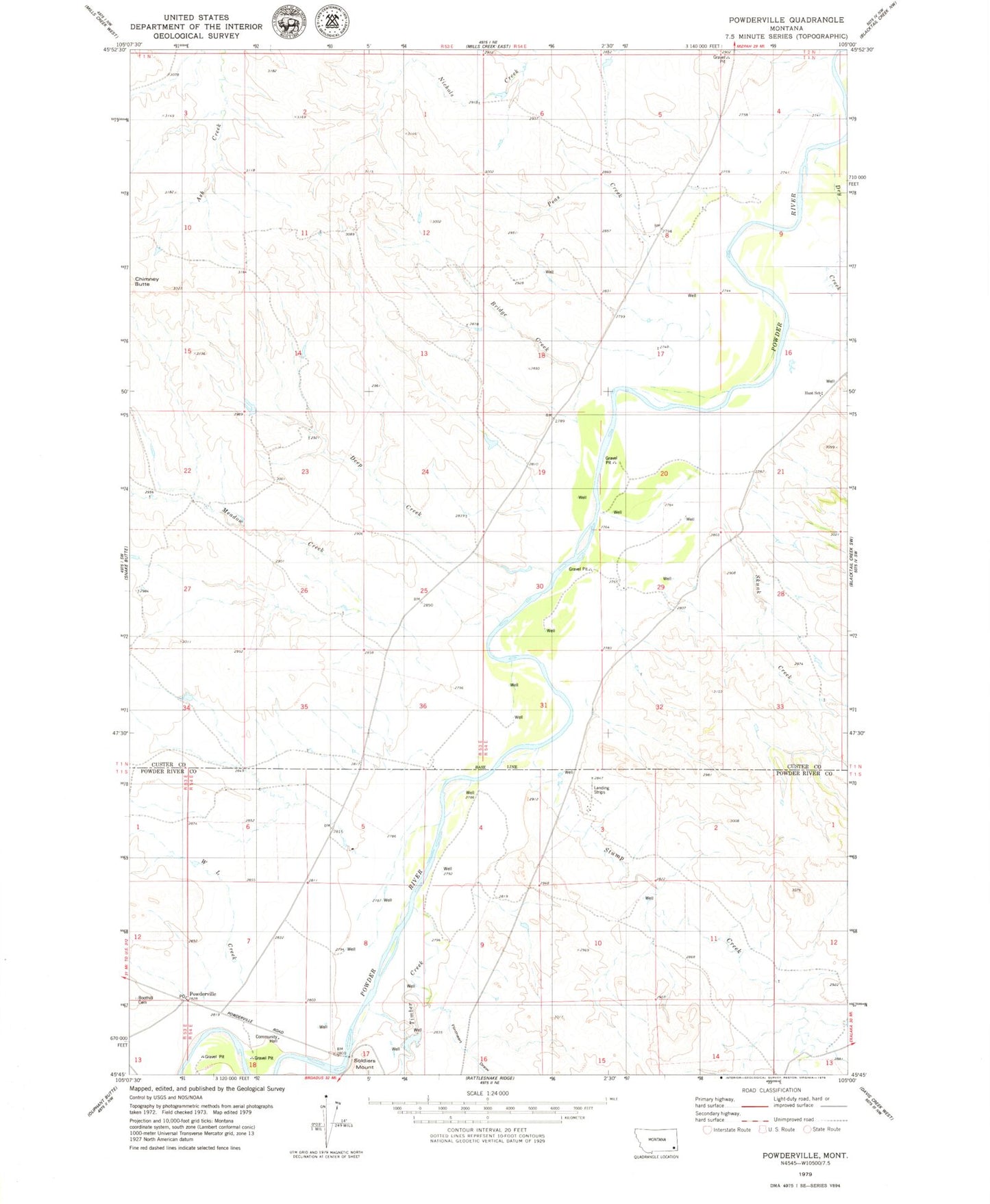 Classic USGS Powderville Montana 7.5'x7.5' Topo Map Image