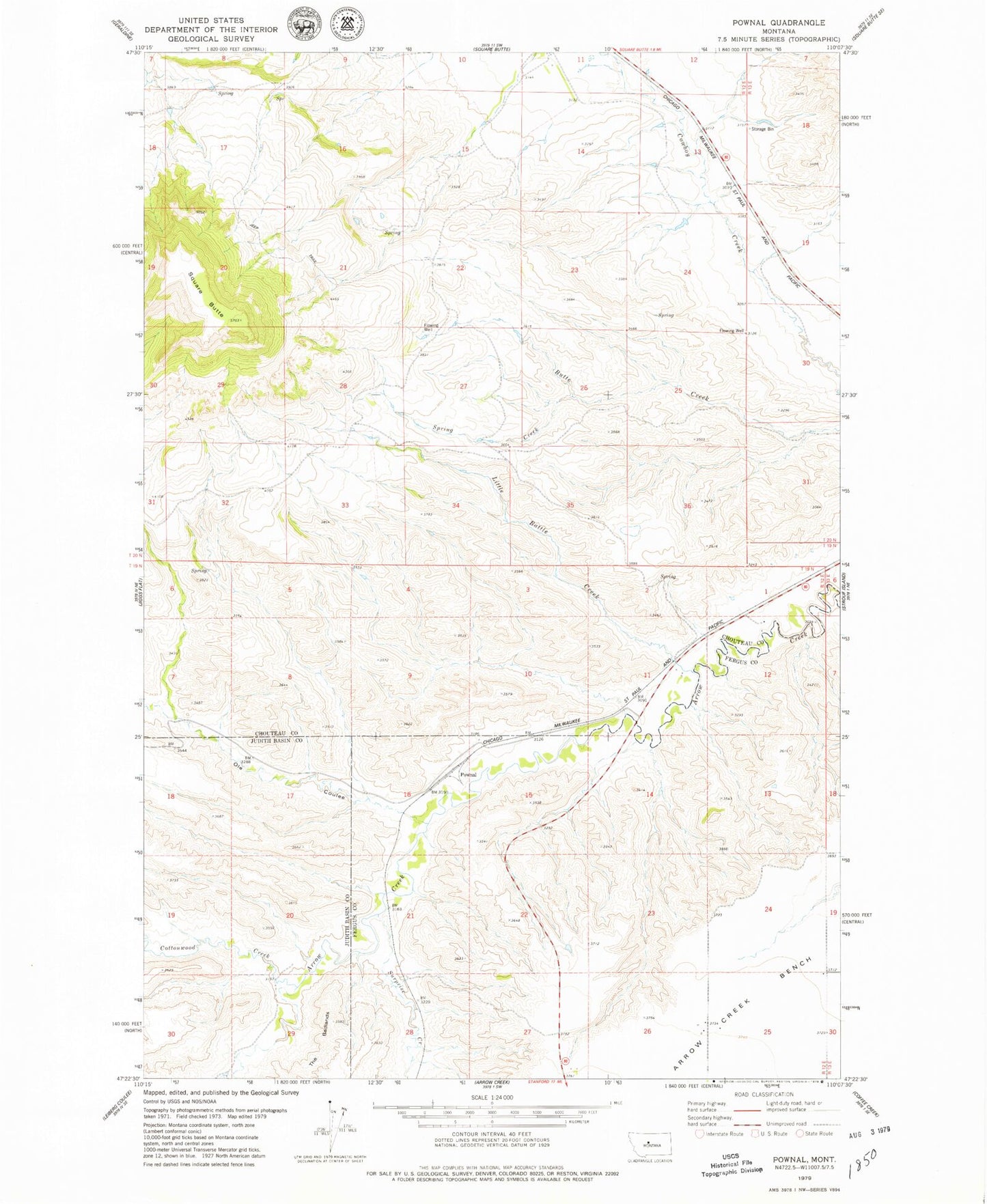 Classic USGS Pownal Montana 7.5'x7.5' Topo Map Image