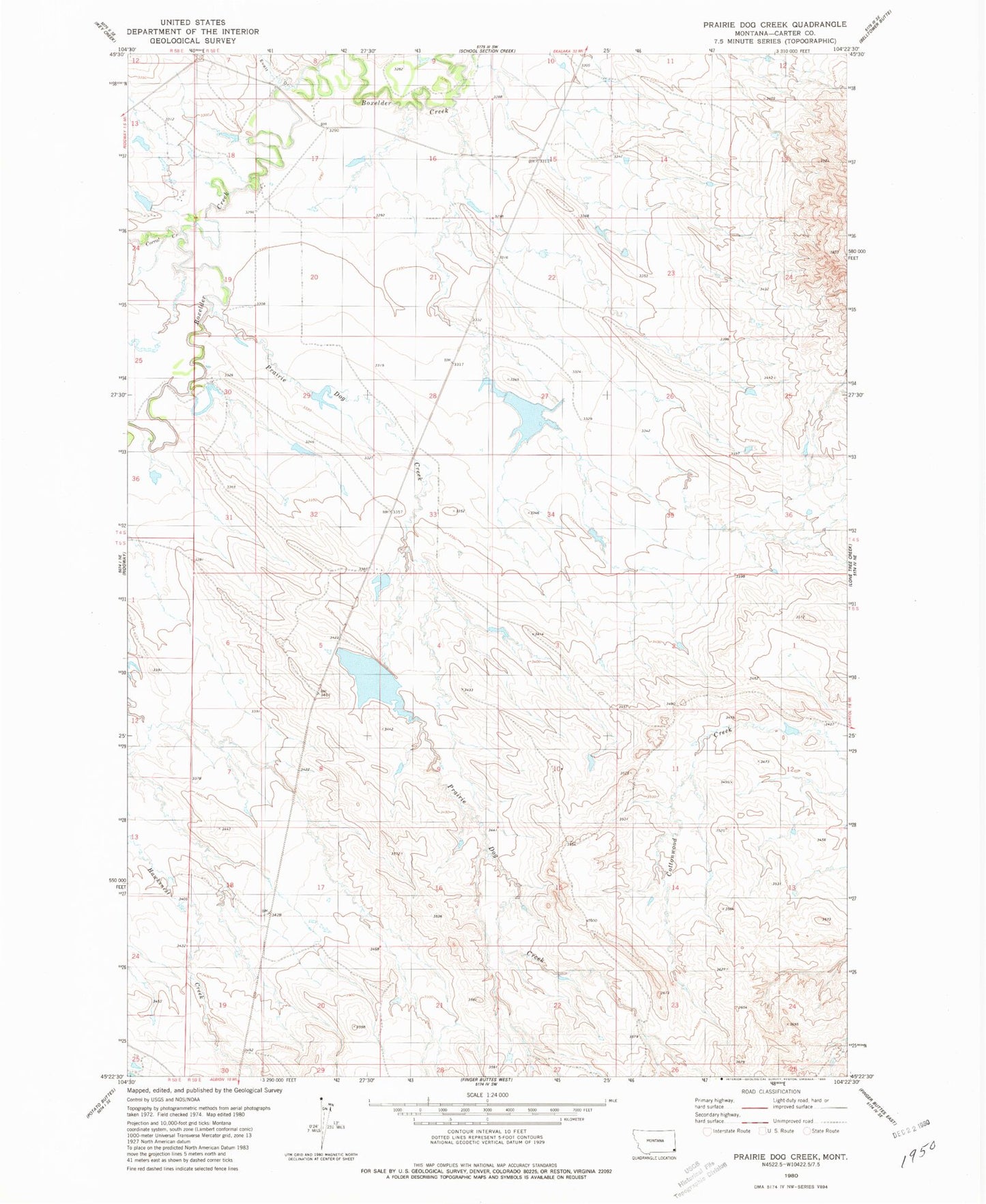 Classic USGS Prairie Dog Creek Montana 7.5'x7.5' Topo Map Image