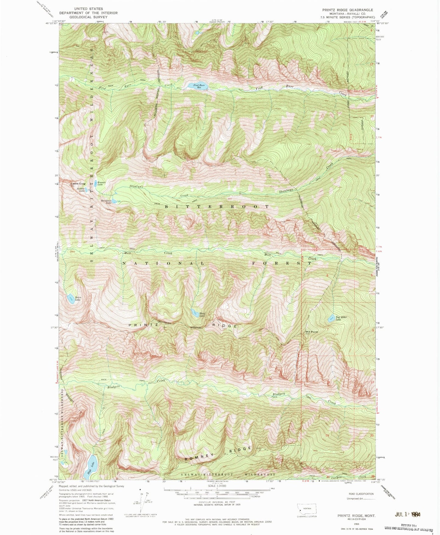 Classic USGS Printz Ridge Montana 7.5'x7.5' Topo Map Image