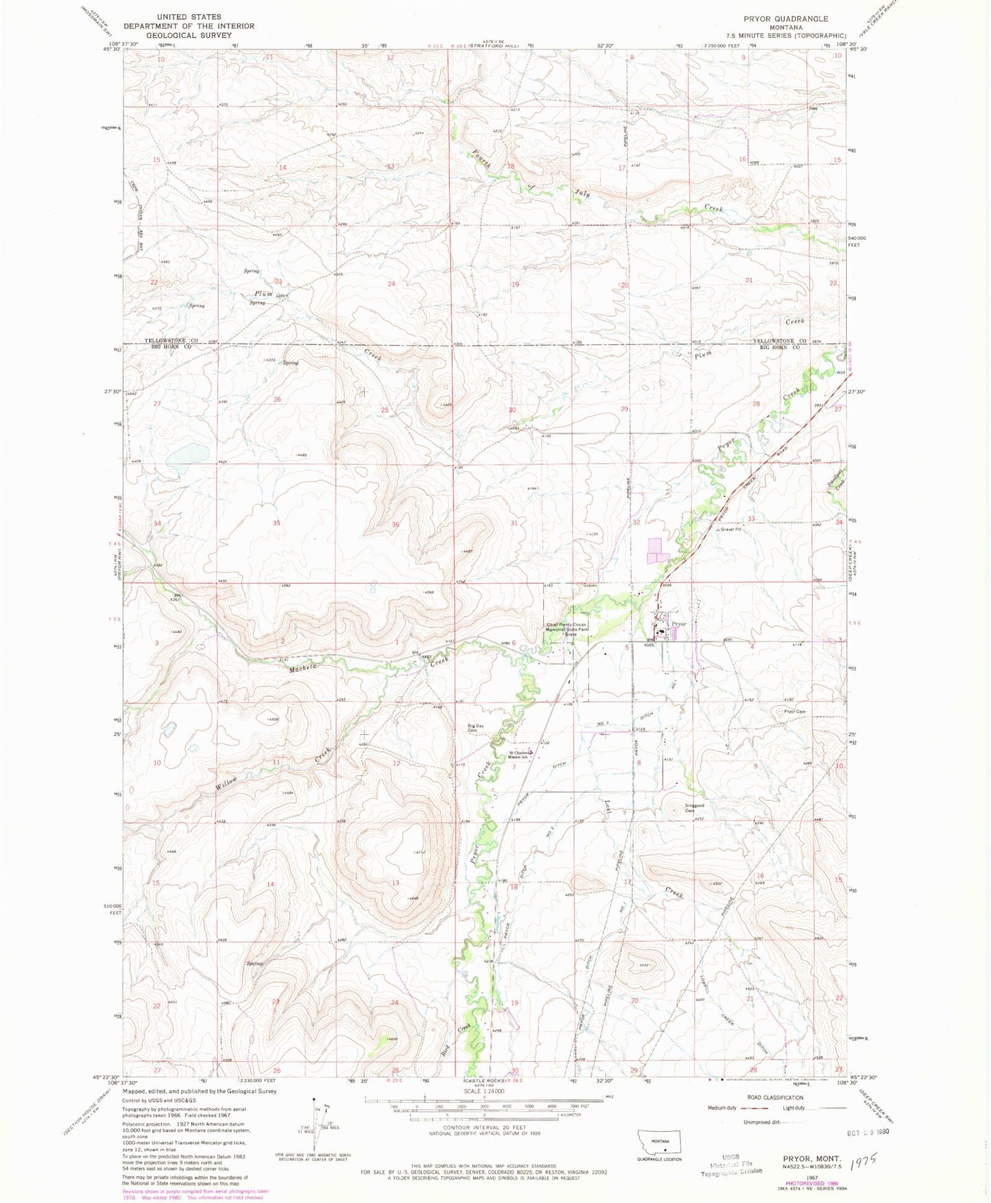Classic USGS Pryor Montana 7.5'x7.5' Topo Map Image