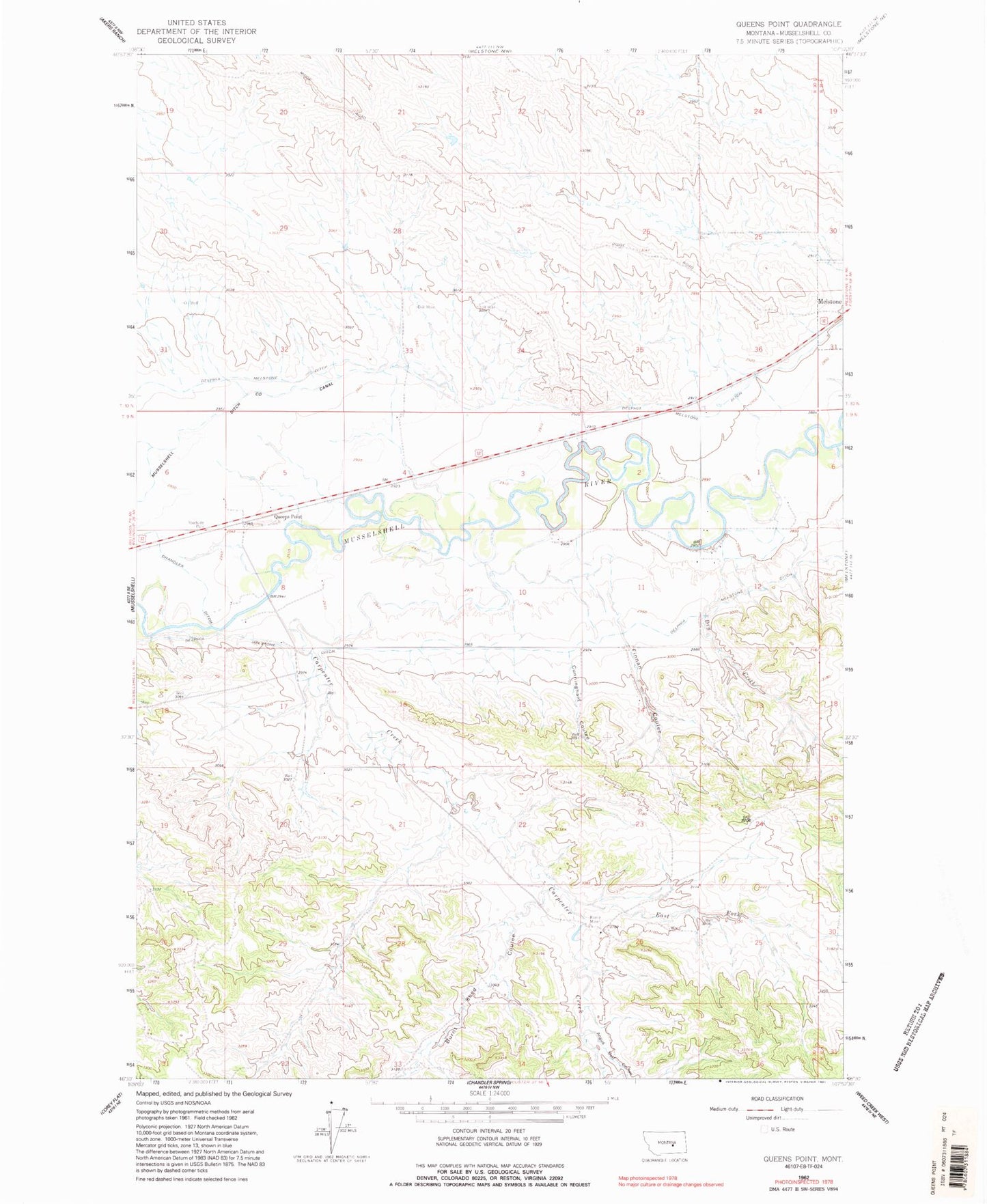Classic USGS Queens Point Montana 7.5'x7.5' Topo Map Image