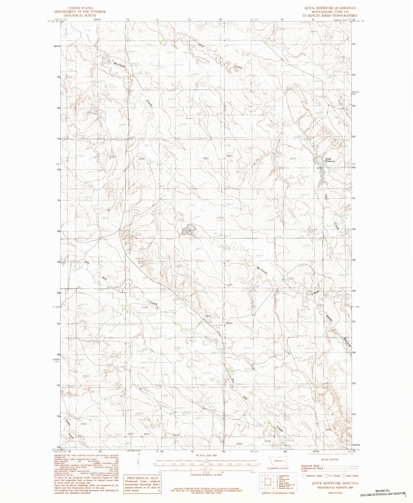 Classic USGS Quick Reservoir Montana 7.5'x7.5' Topo Map Image