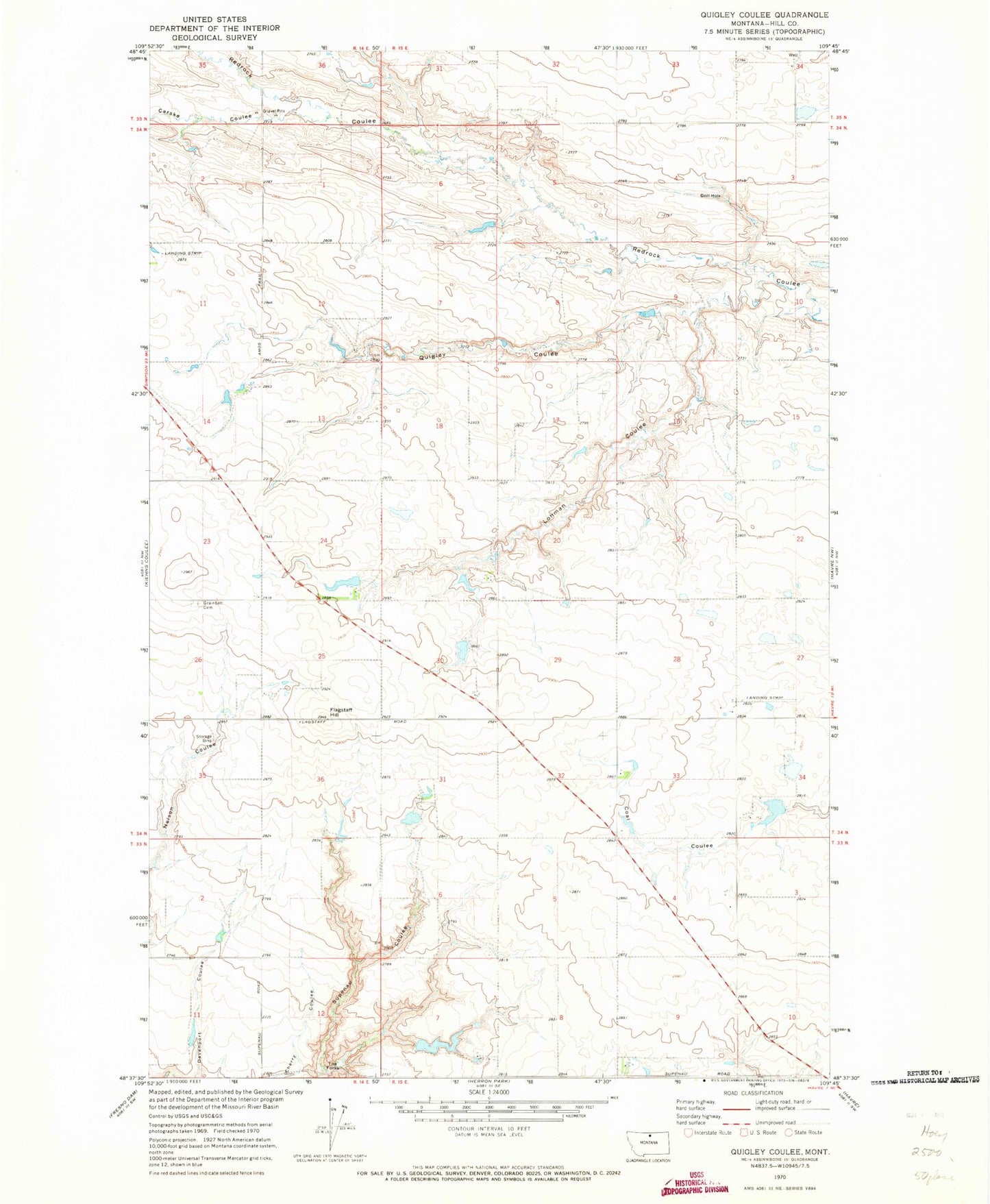 Classic USGS Quigley Coulee Montana 7.5'x7.5' Topo Map Image