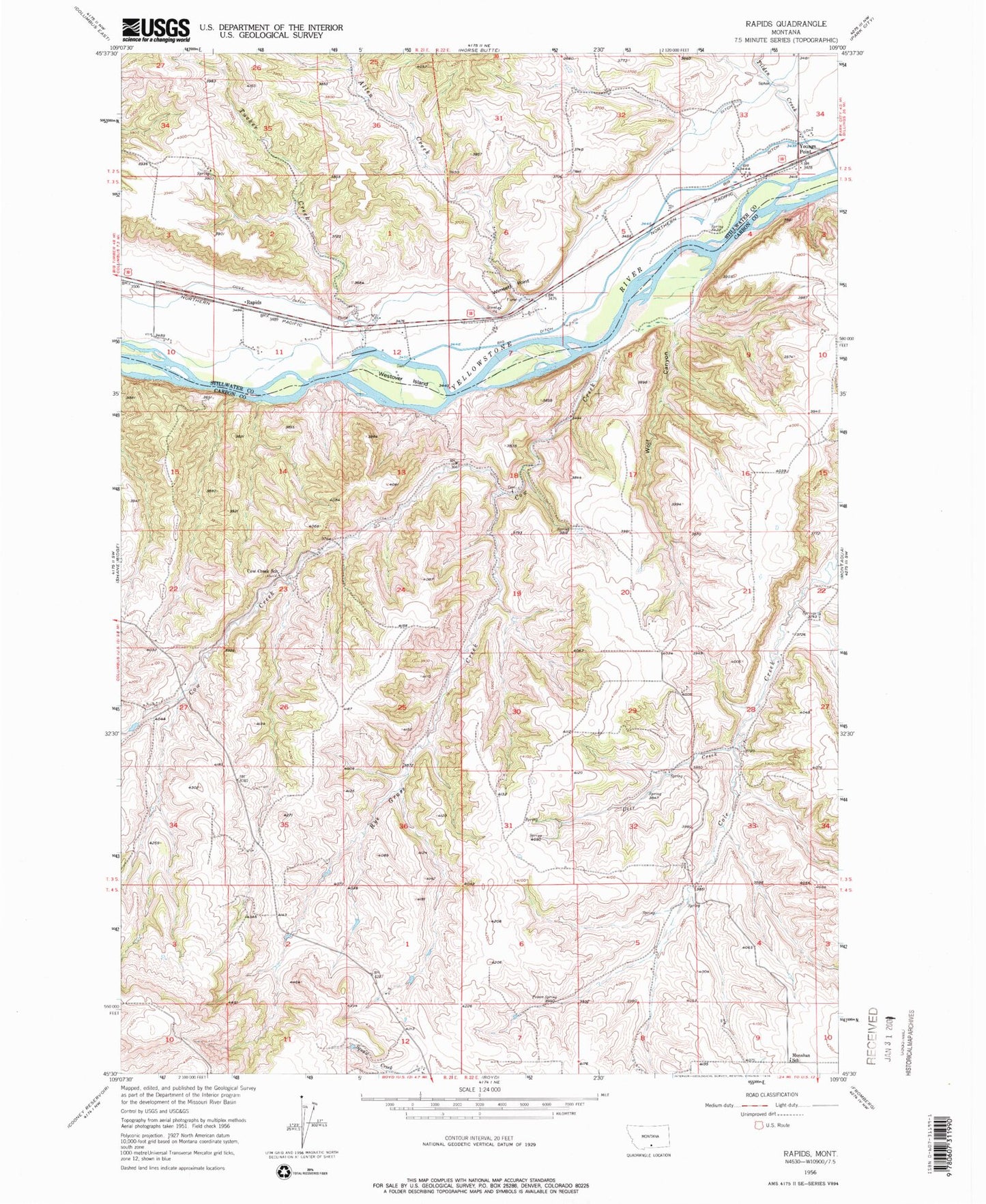 Classic USGS Rapids Montana 7.5'x7.5' Topo Map Image