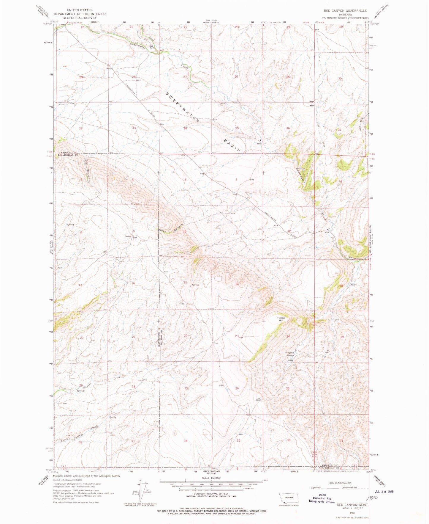 Classic USGS Red Canyon Montana 7.5'x7.5' Topo Map Image