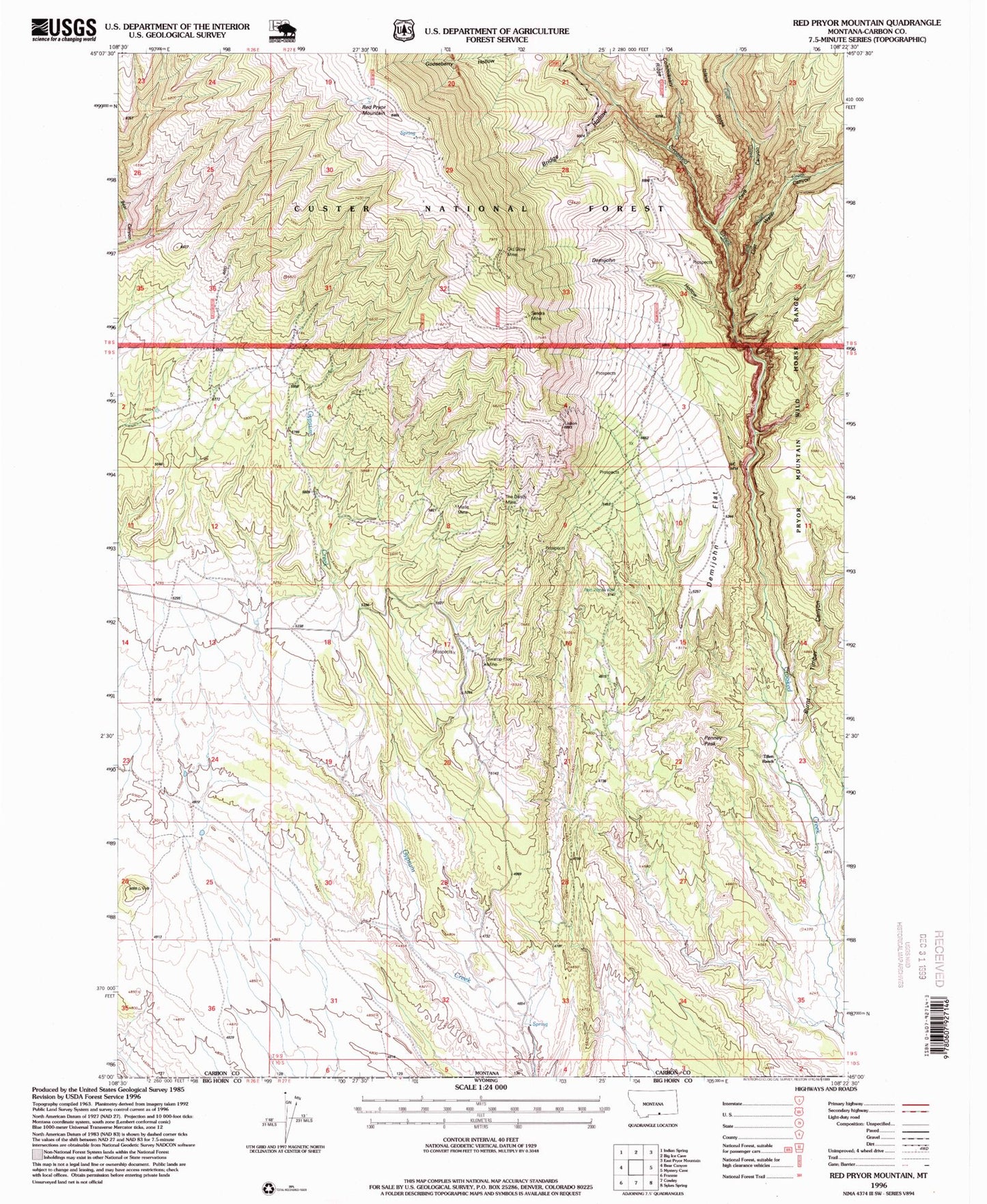 Classic USGS Red Pryor Mountain Montana 7.5'x7.5' Topo Map Image