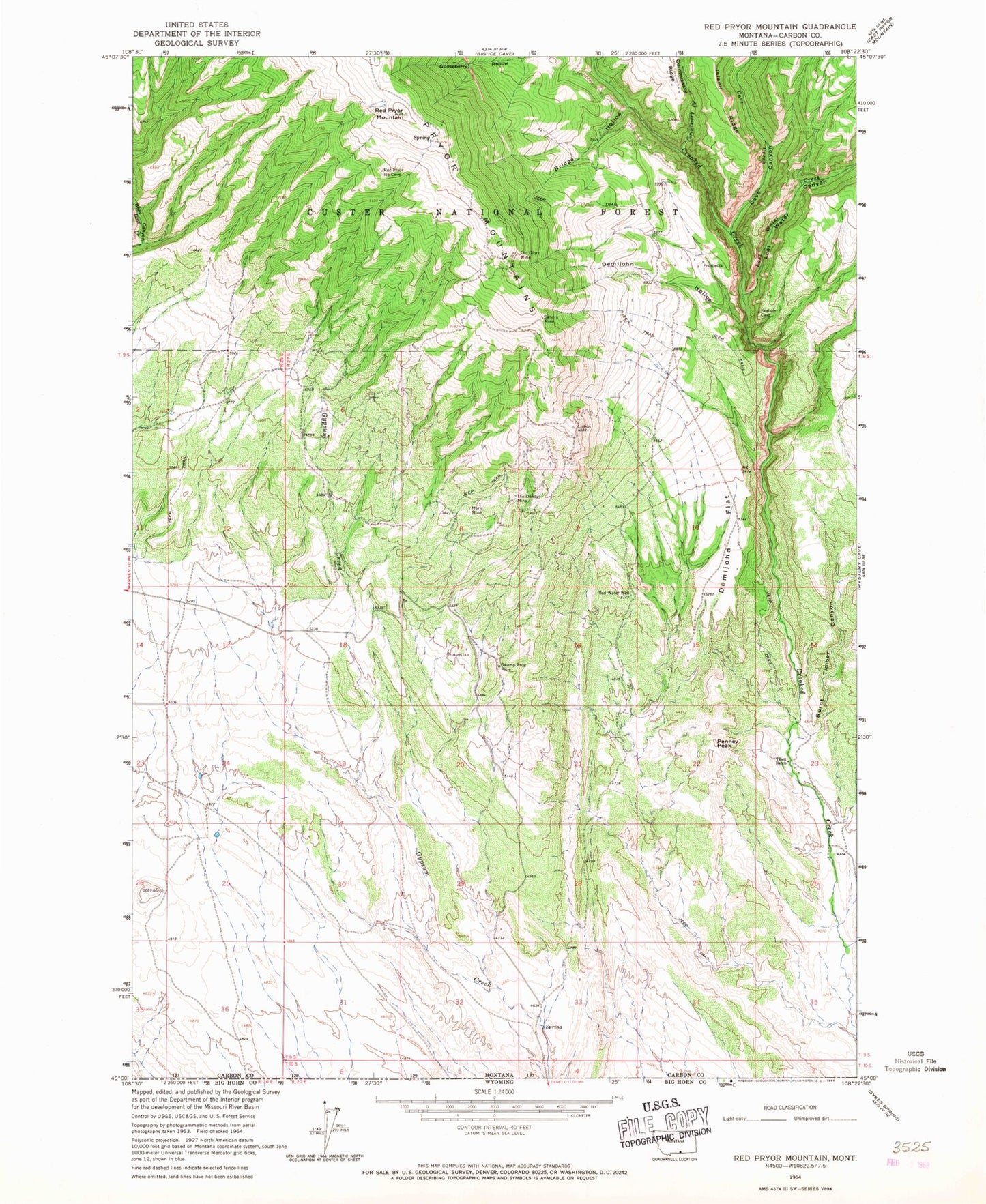 Classic USGS Red Pryor Mountain Montana 7.5'x7.5' Topo Map Image