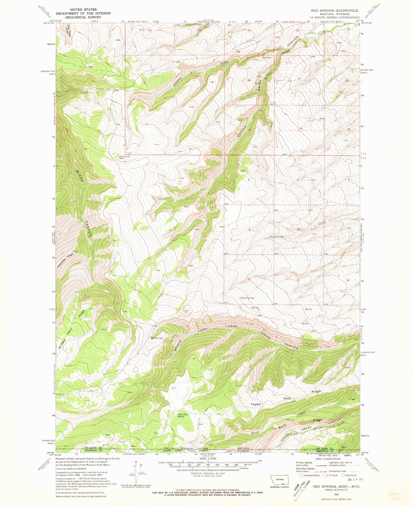 Classic USGS Red Springs Montana 7.5'x7.5' Topo Map Image