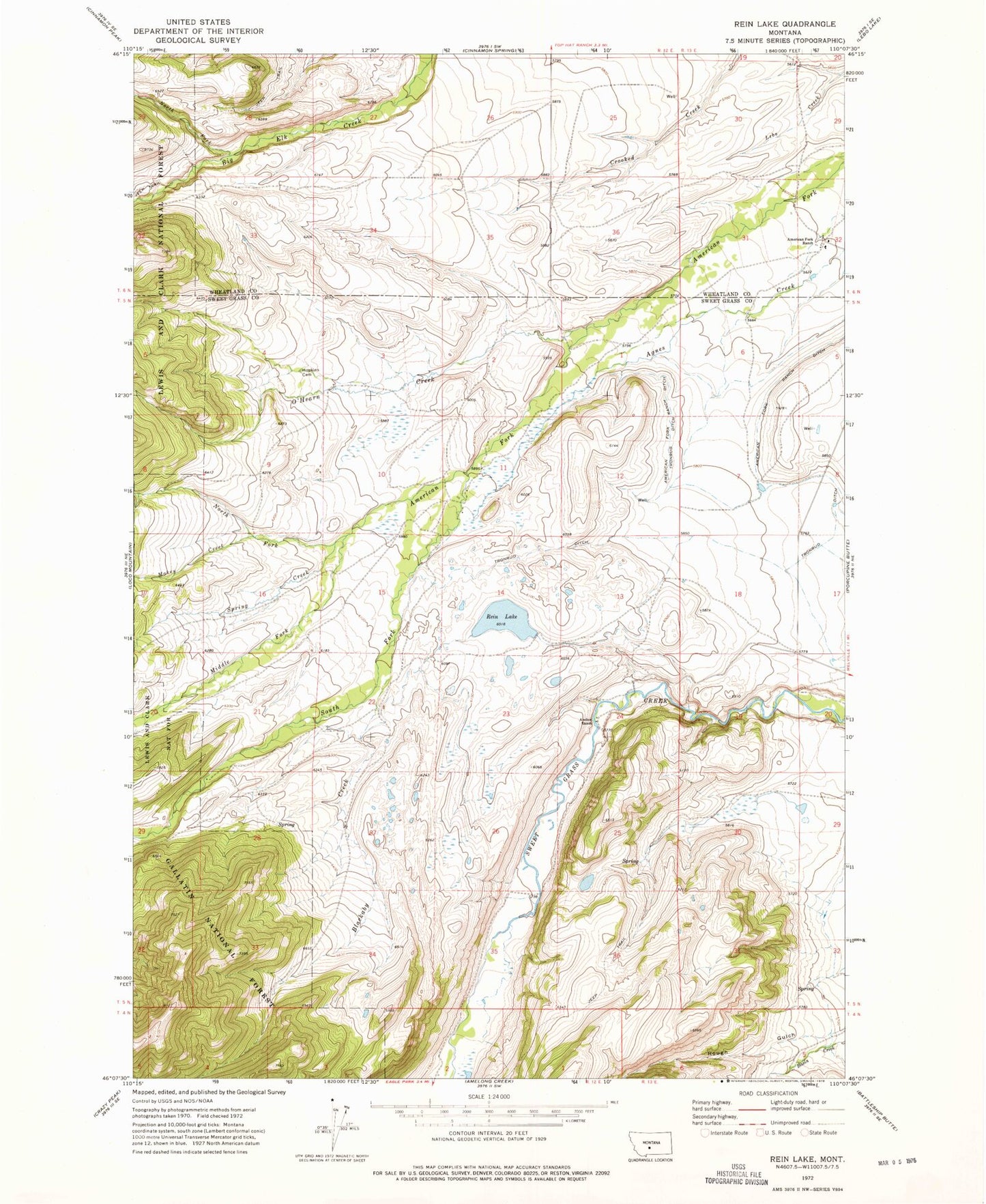 Classic USGS Rein Lake Montana 7.5'x7.5' Topo Map Image