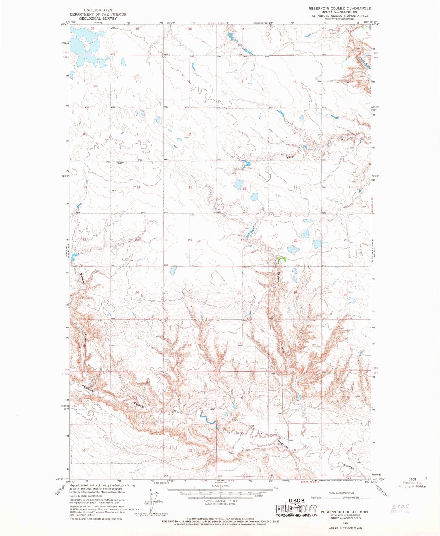 Classic USGS Reservoir Coulee Montana 7.5'x7.5' Topo Map Image