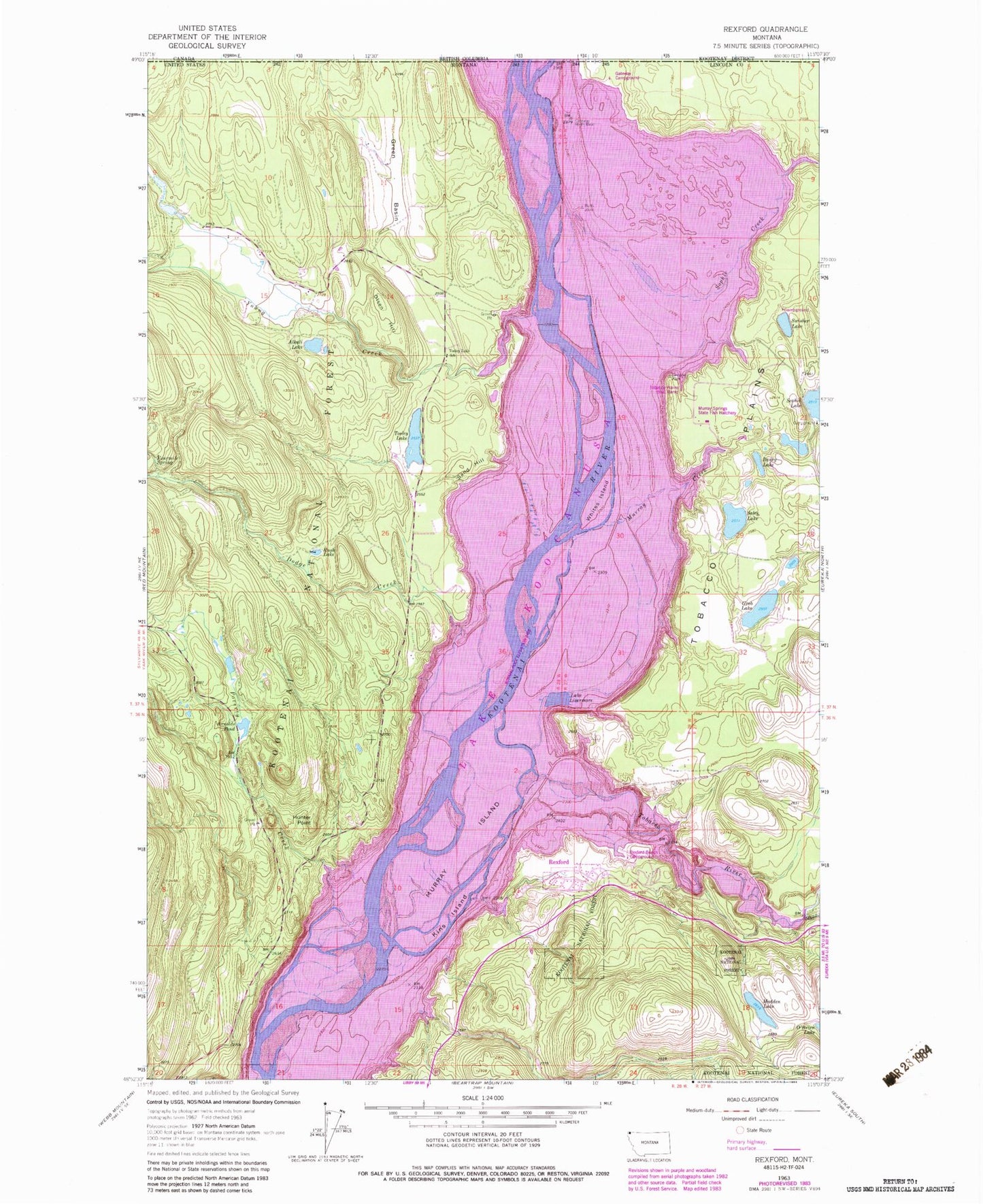 Classic USGS Rexford Montana 7.5'x7.5' Topo Map Image