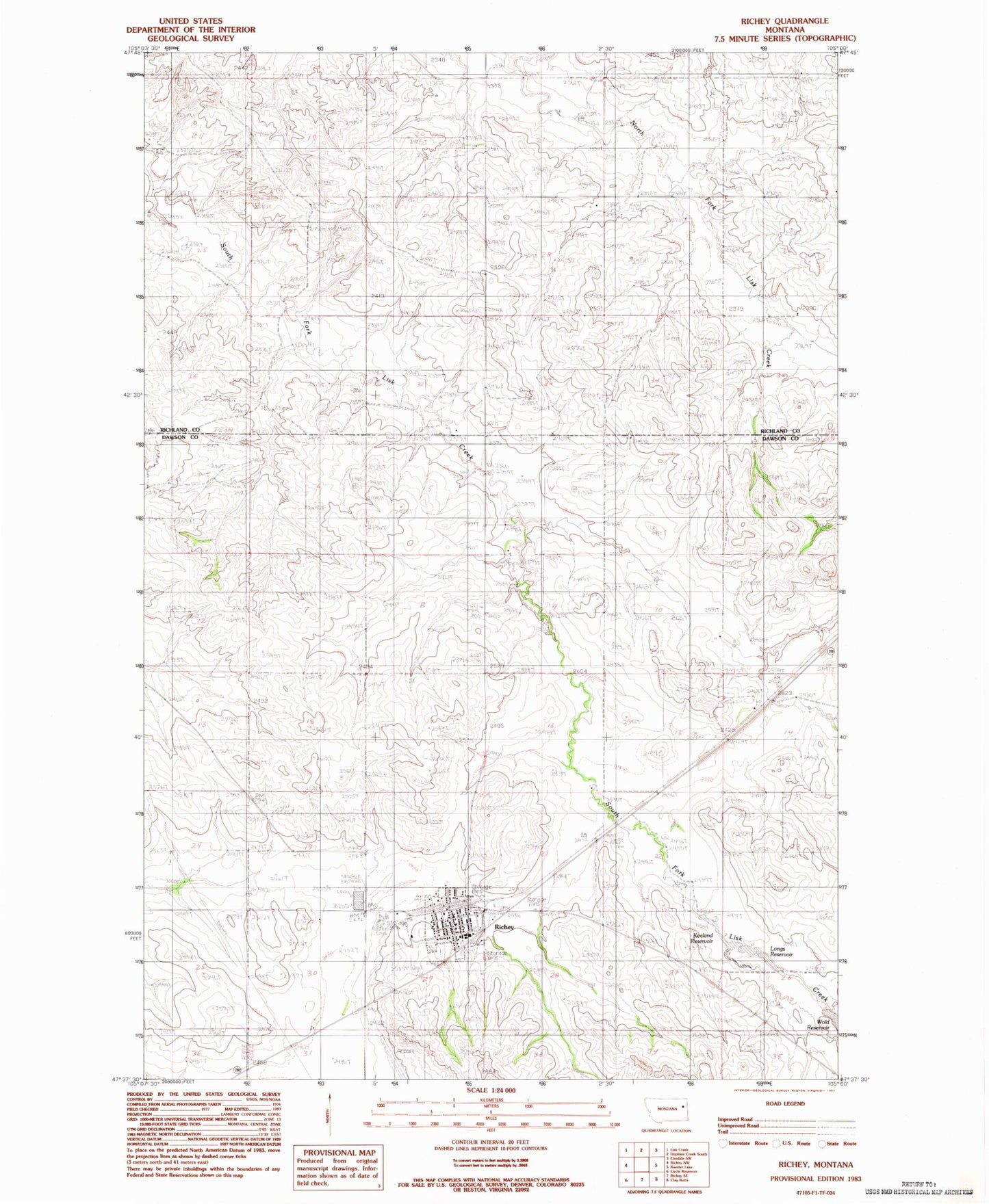 Classic USGS Richey Montana 7.5'x7.5' Topo Map Image