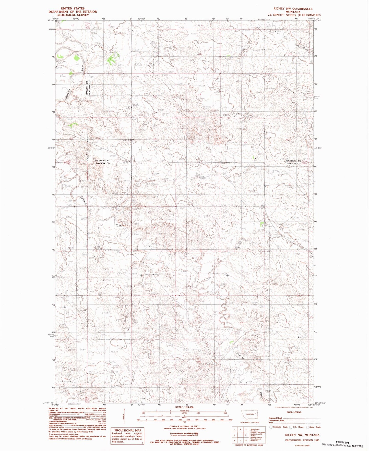 Classic USGS Richey NW Montana 7.5'x7.5' Topo Map Image