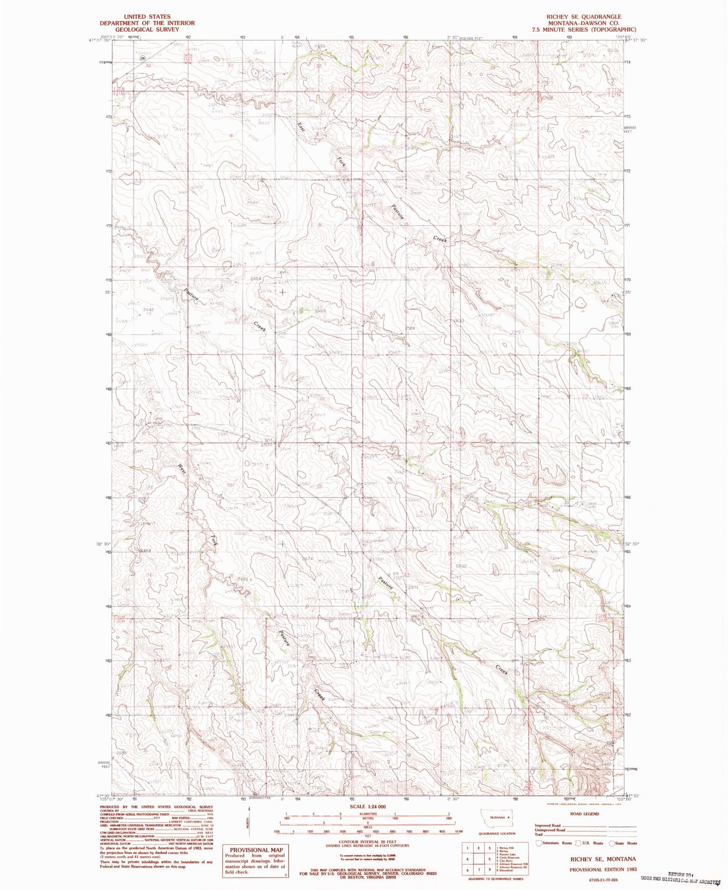 Classic USGS Richey SE Montana 7.5'x7.5' Topo Map Image