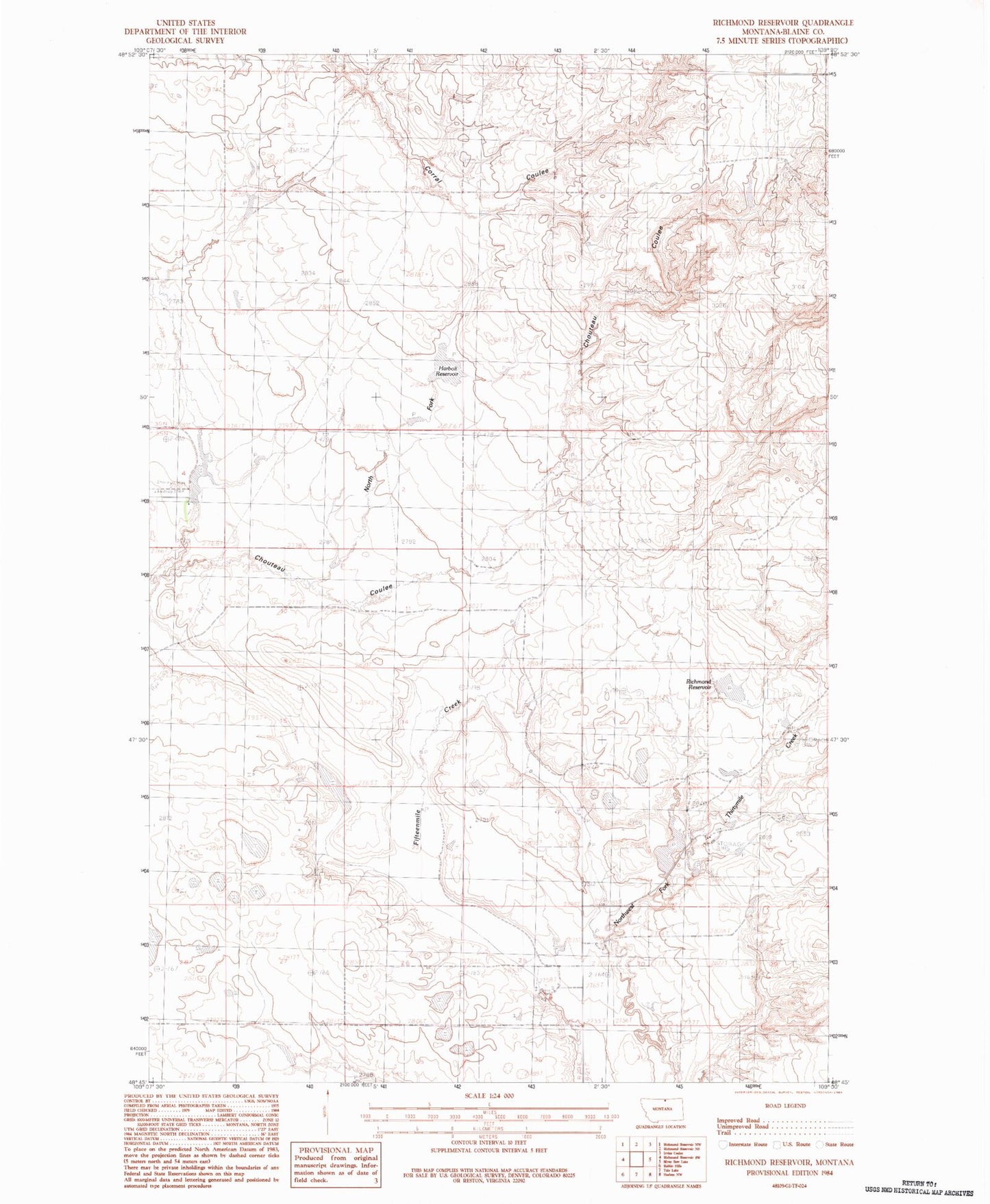 Classic USGS Richmond Reservoir Montana 7.5'x7.5' Topo Map Image