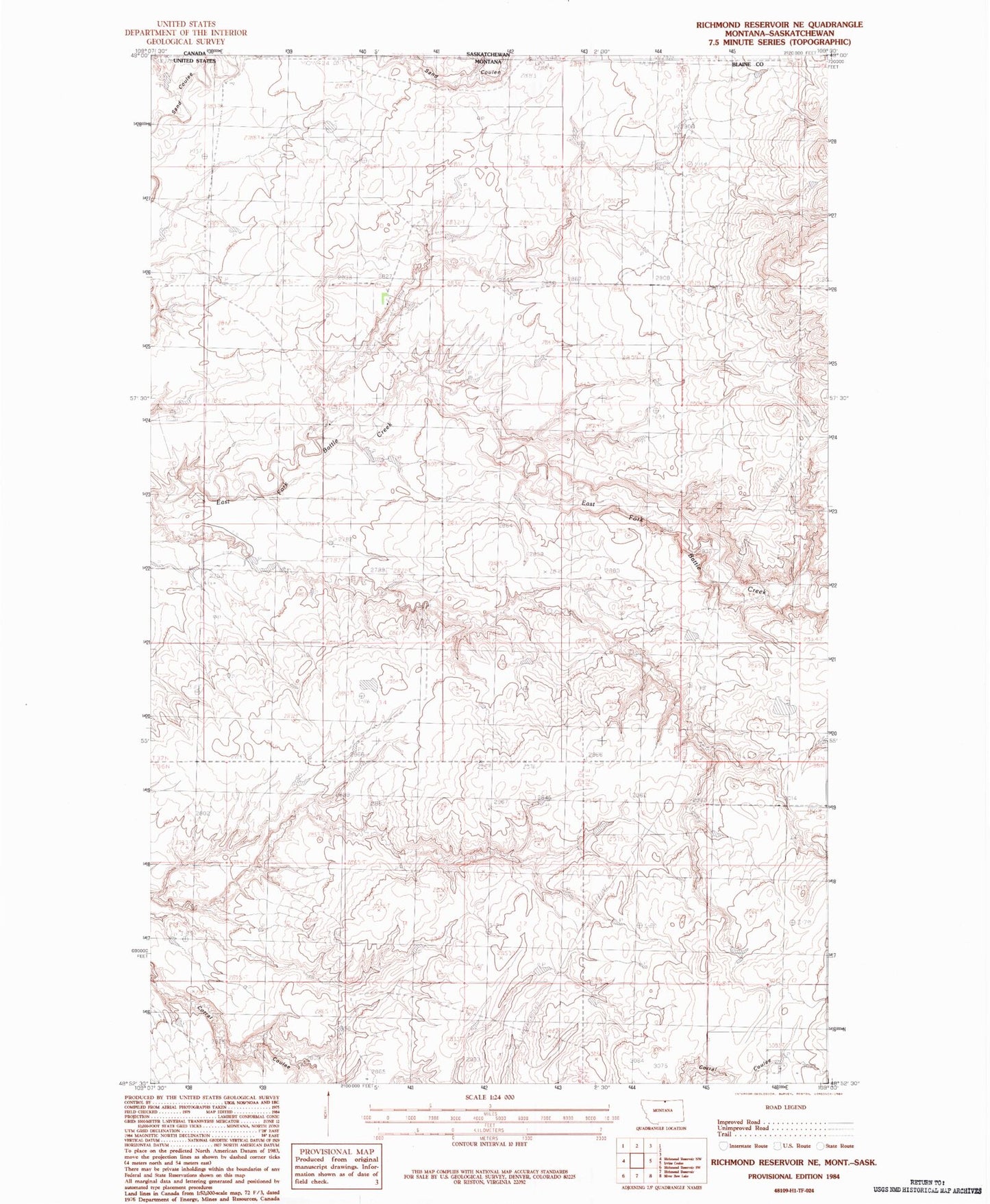 Classic USGS Richmond Reservoir NE Montana 7.5'x7.5' Topo Map Image