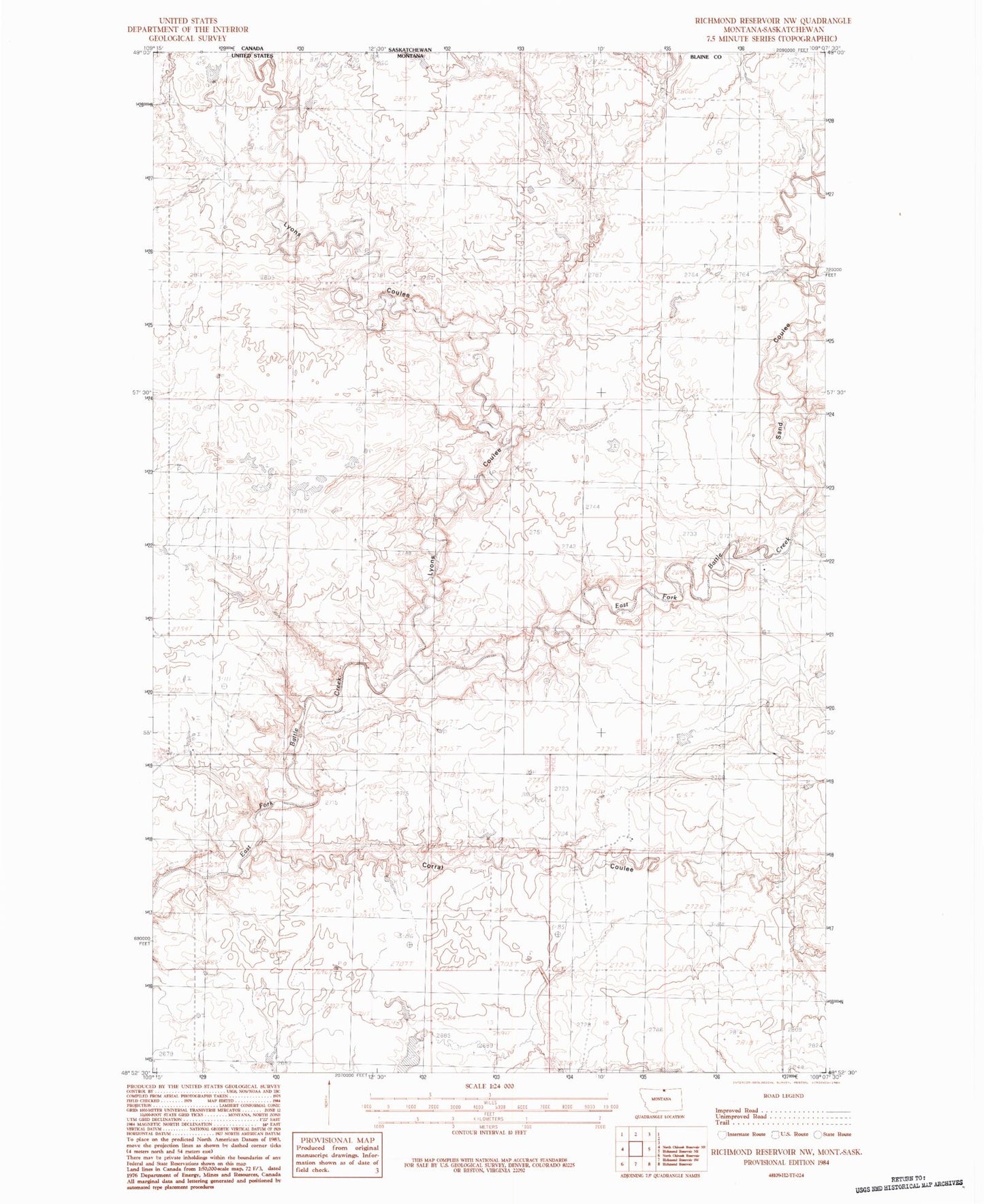 Classic USGS Richmond Reservoir NW Montana 7.5'x7.5' Topo Map Image