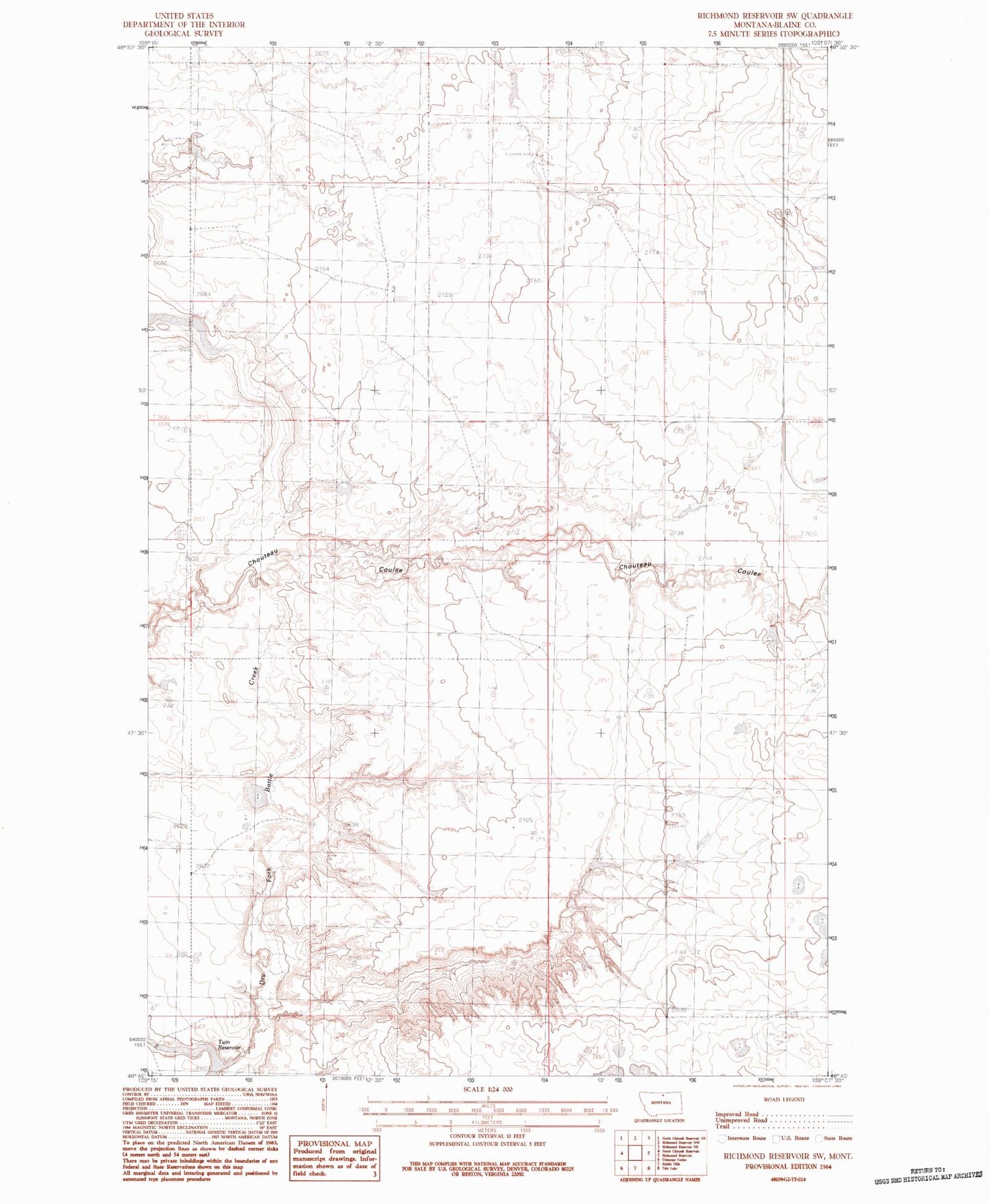 Classic USGS Richmond Reservoir SW Montana 7.5'x7.5' Topo Map Image