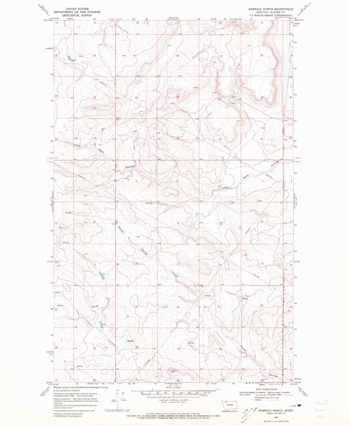 Classic USGS Rimrock Ranch Montana 7.5'x7.5' Topo Map Image