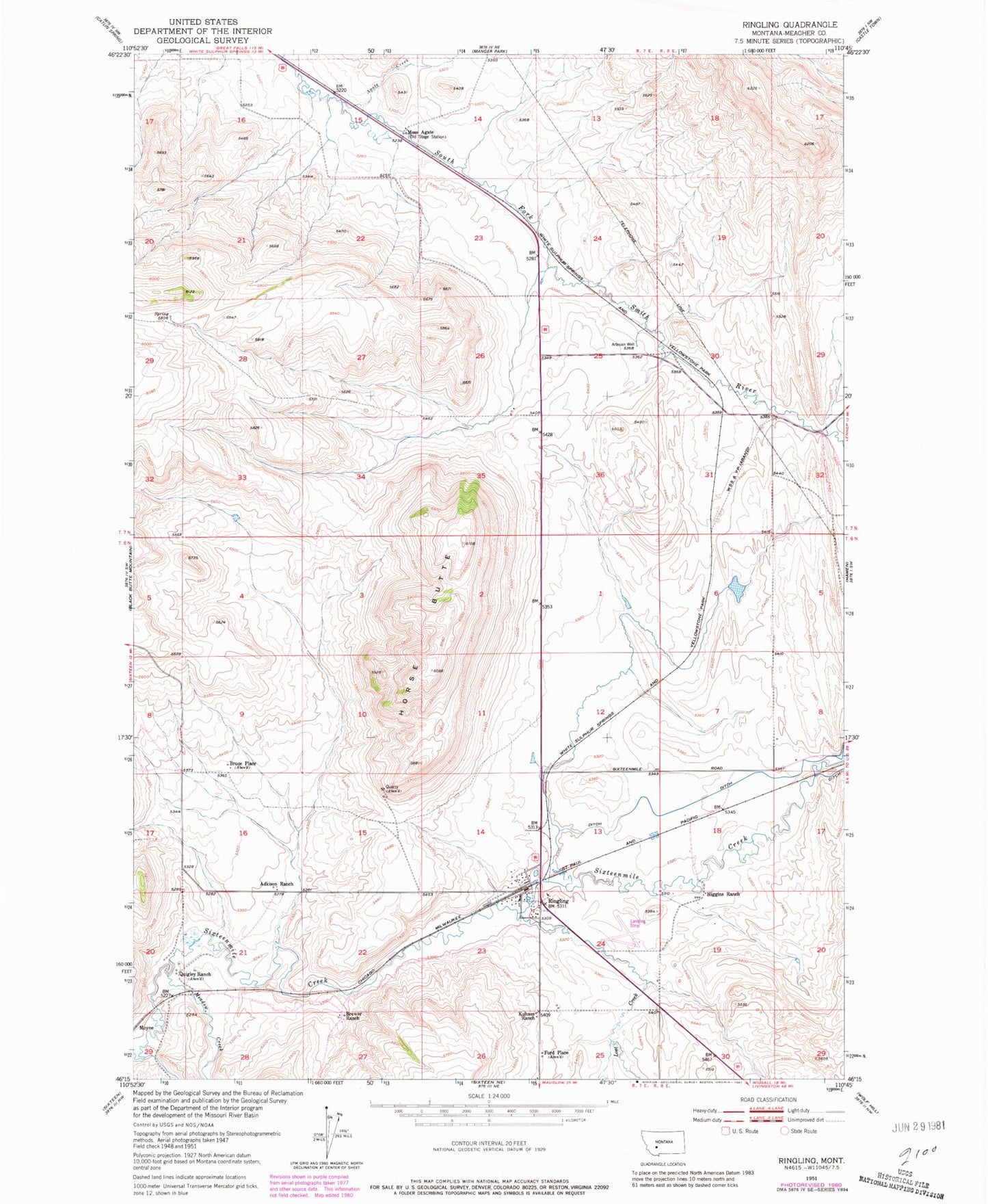 Classic USGS Ringling Montana 7.5'x7.5' Topo Map Image
