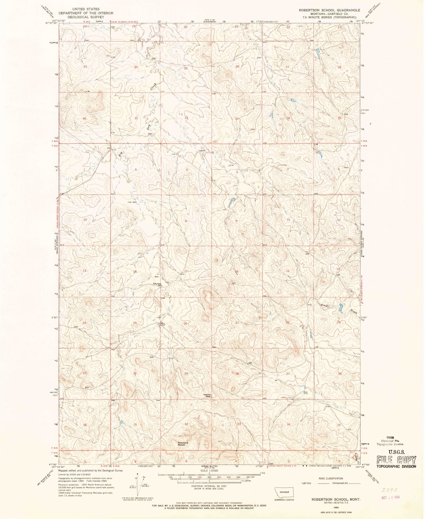 Classic USGS Robertson School Montana 7.5'x7.5' Topo Map Image