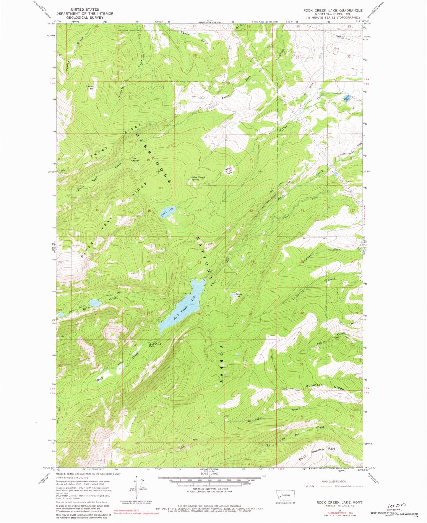 Classic USGS Rock Creek Lake Montana 7.5'x7.5' Topo Map Image