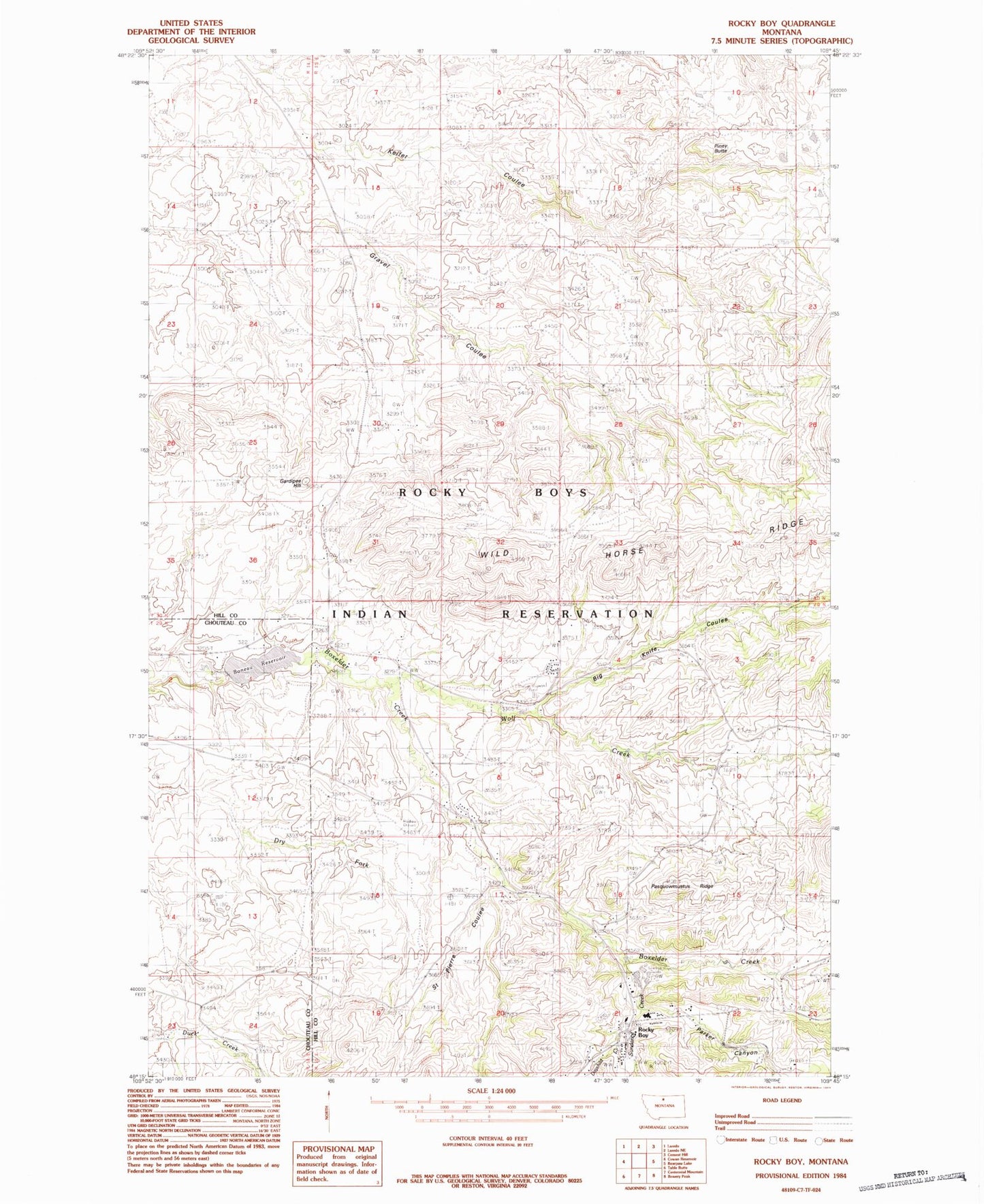Classic USGS Rocky Boy Montana 7.5'x7.5' Topo Map Image