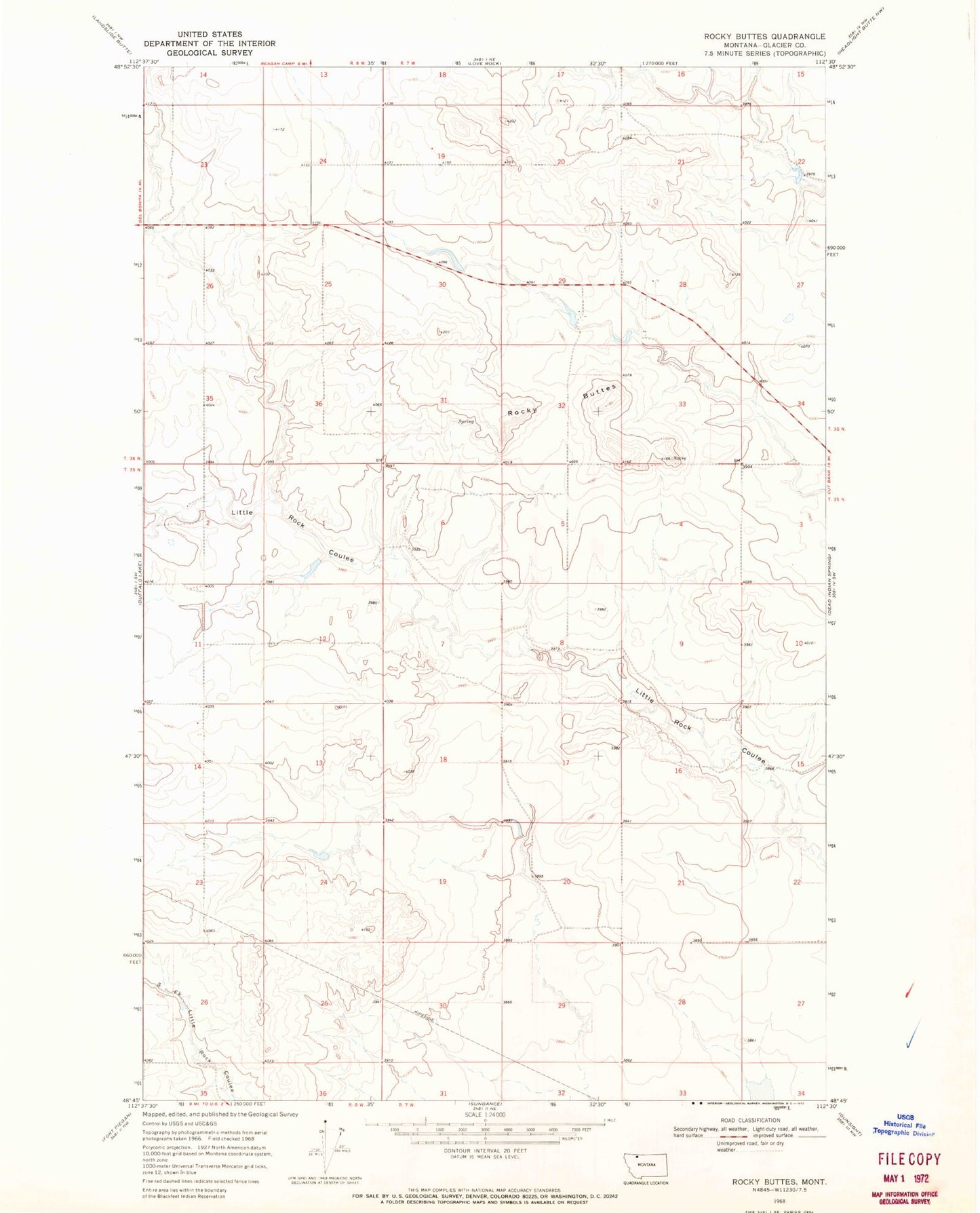 Classic USGS Rocky Buttes Montana 7.5'x7.5' Topo Map Image