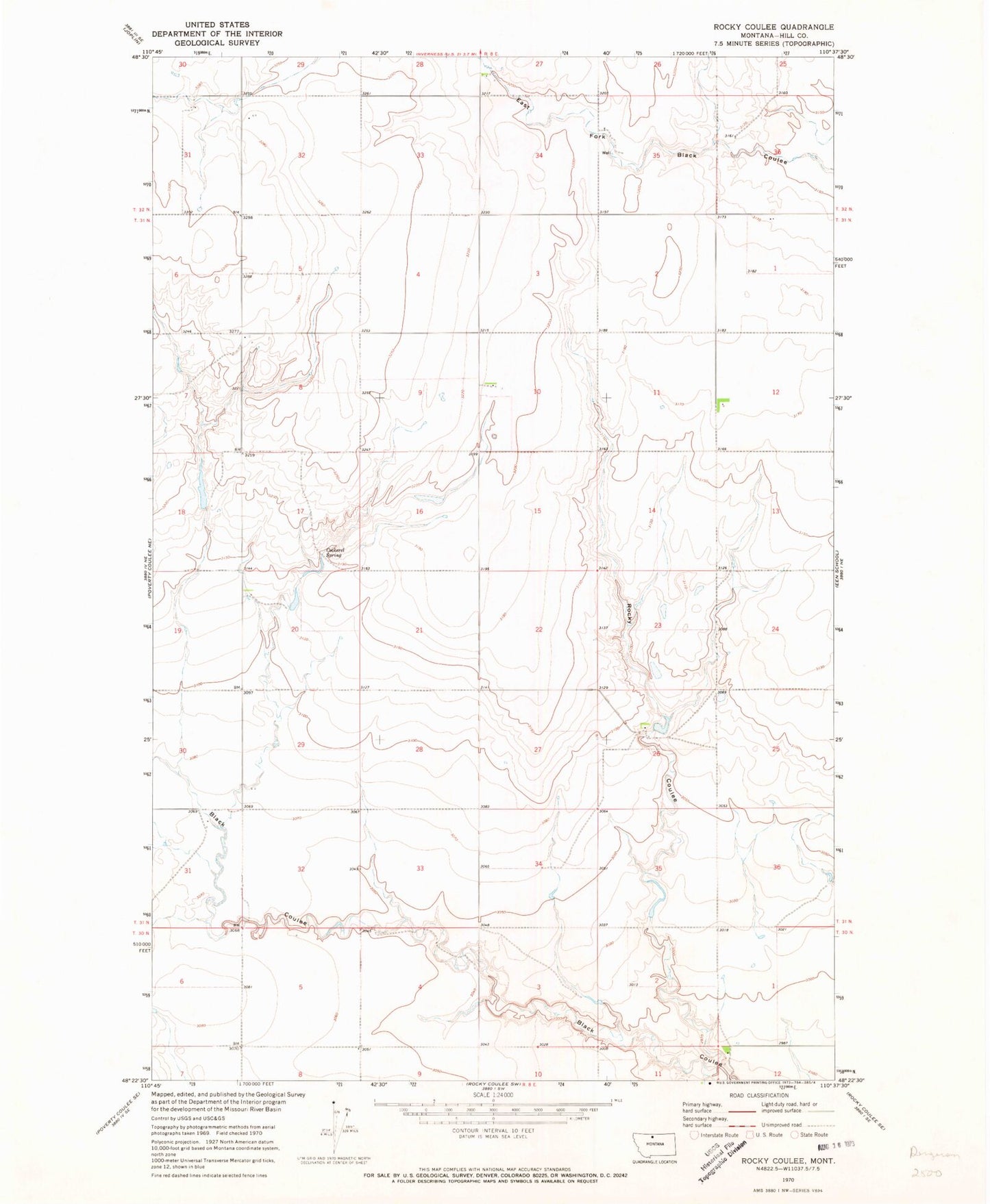 Classic USGS Rocky Coulee Montana 7.5'x7.5' Topo Map Image