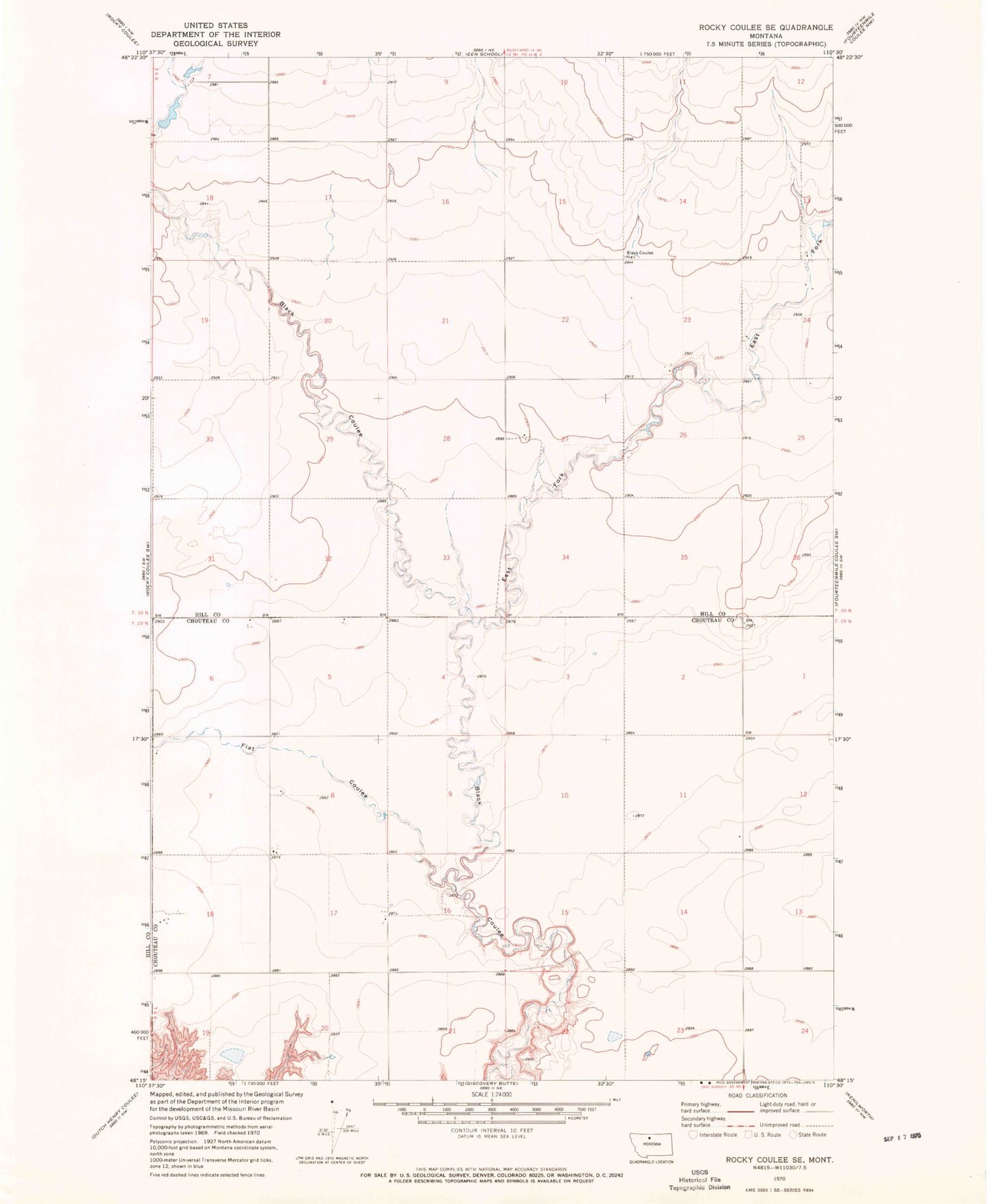 Classic USGS Rocky Coulee SE Montana 7.5'x7.5' Topo Map Image
