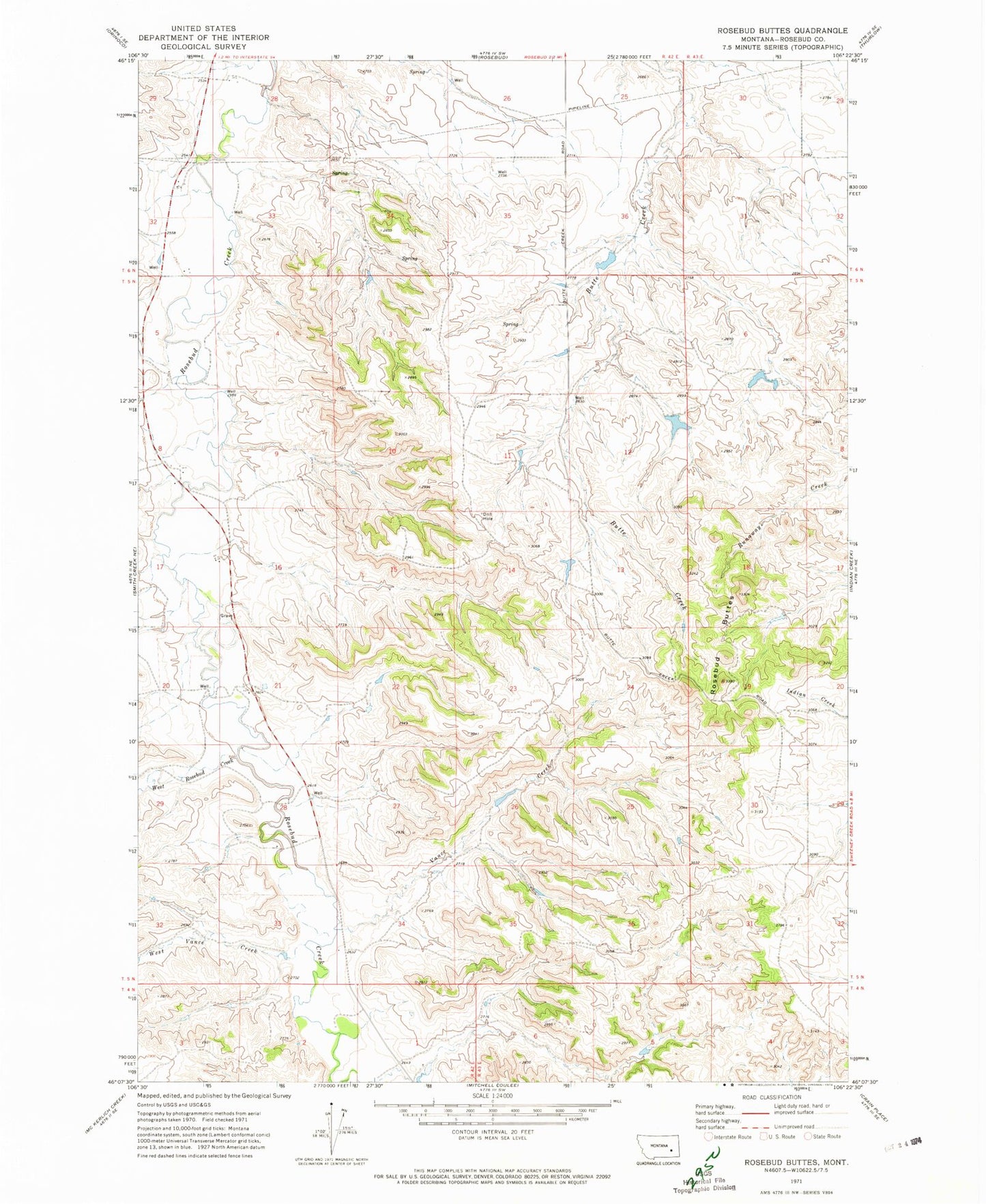 Classic USGS Rosebud Buttes Montana 7.5'x7.5' Topo Map Image