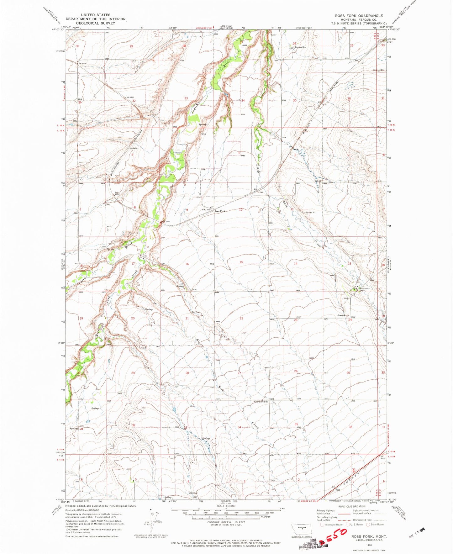 Classic USGS Ross Fork Montana 7.5'x7.5' Topo Map Image