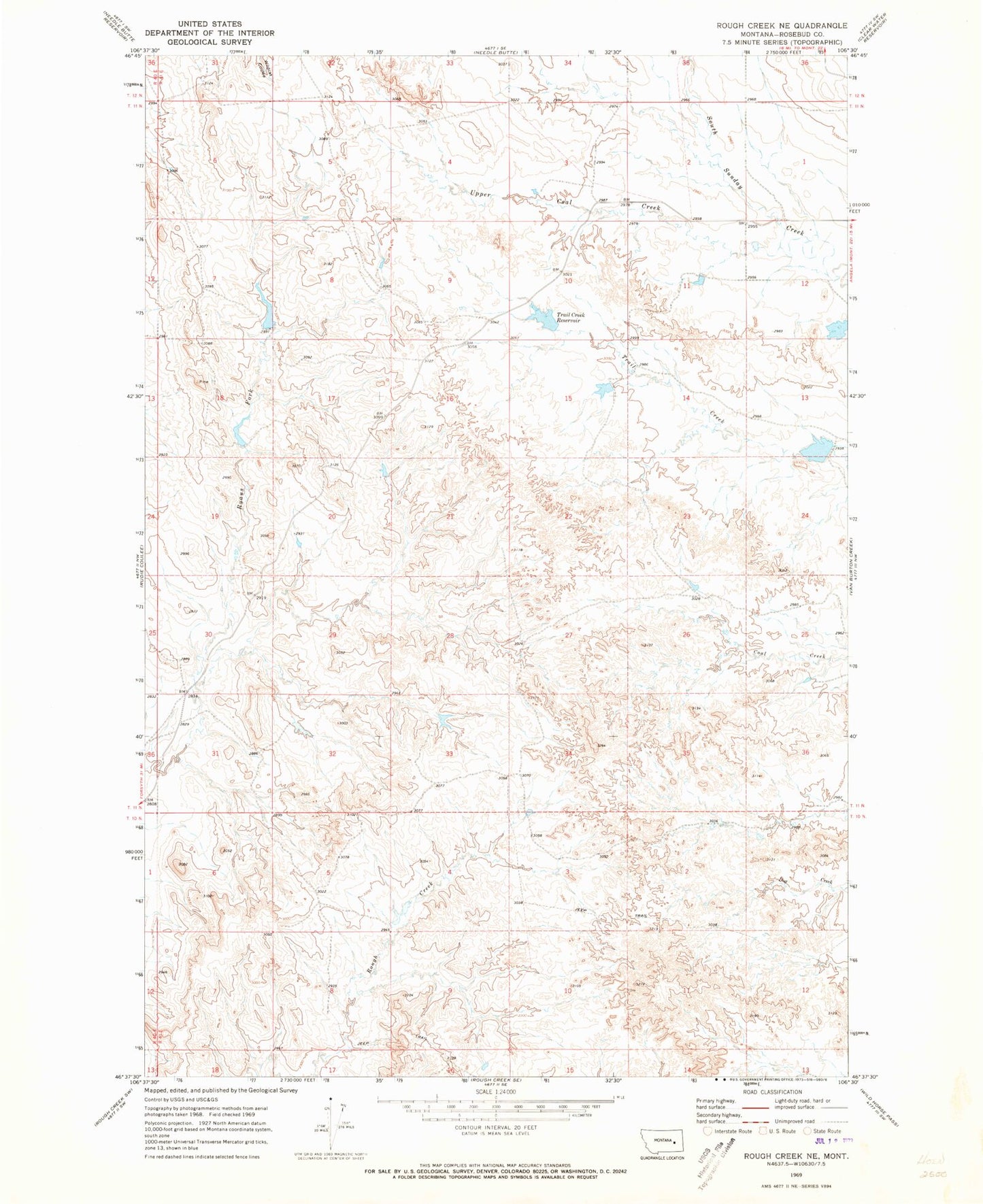 Classic USGS Rough Creek NE Montana 7.5'x7.5' Topo Map Image