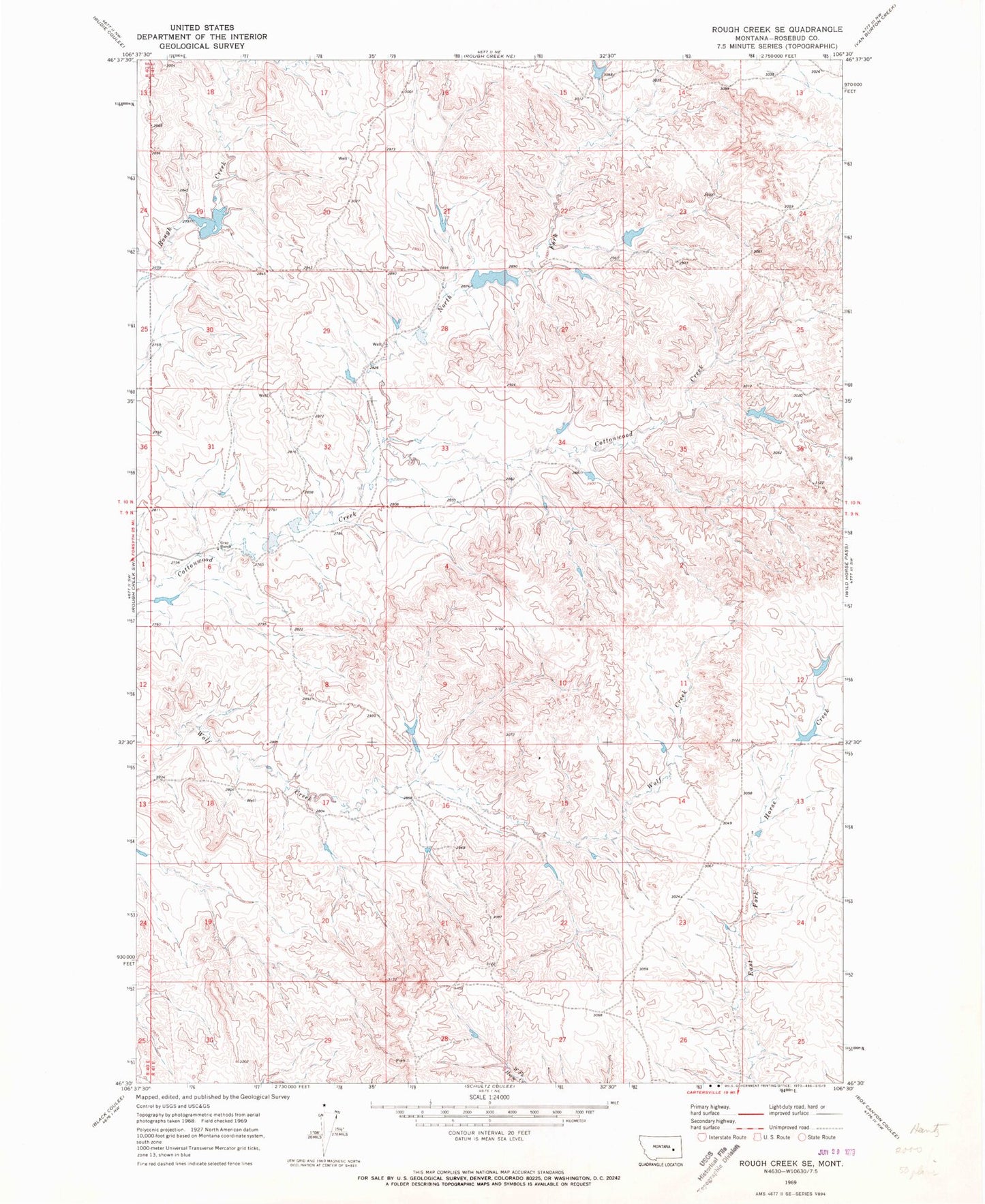 Classic USGS Rough Creek SE Montana 7.5'x7.5' Topo Map Image