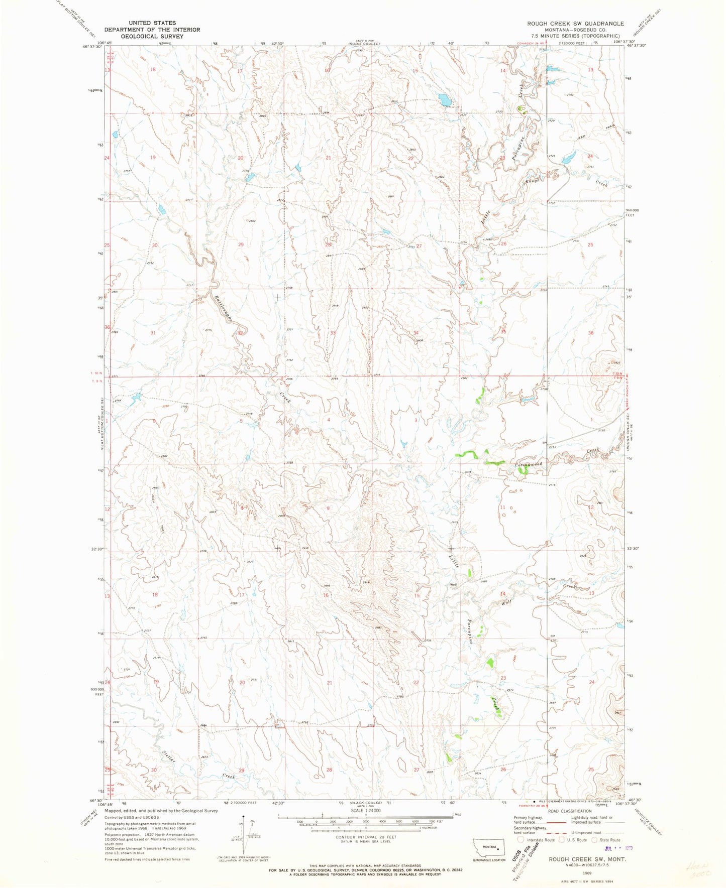 Classic USGS Rough Creek SW Montana 7.5'x7.5' Topo Map Image