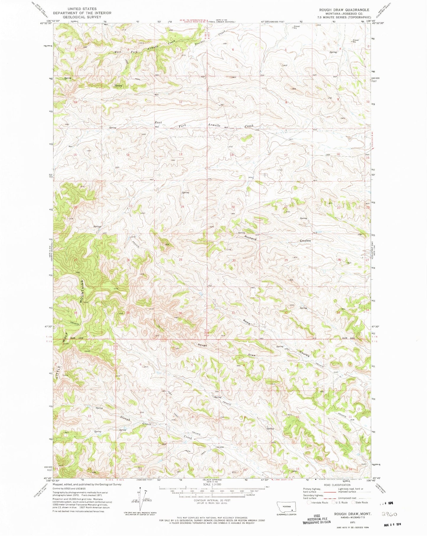 Classic USGS Rough Draw Montana 7.5'x7.5' Topo Map Image