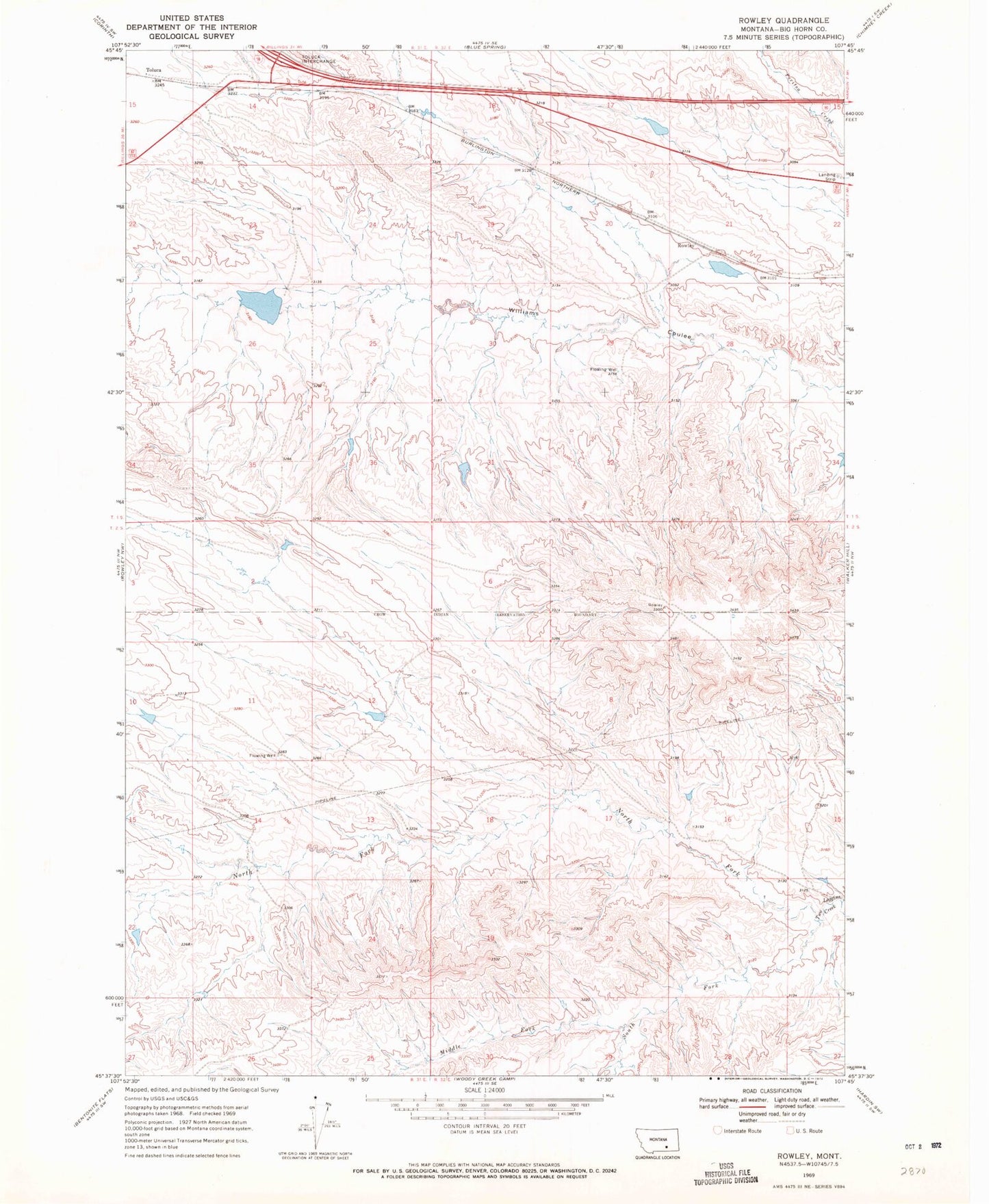 Classic USGS Rowley Montana 7.5'x7.5' Topo Map Image